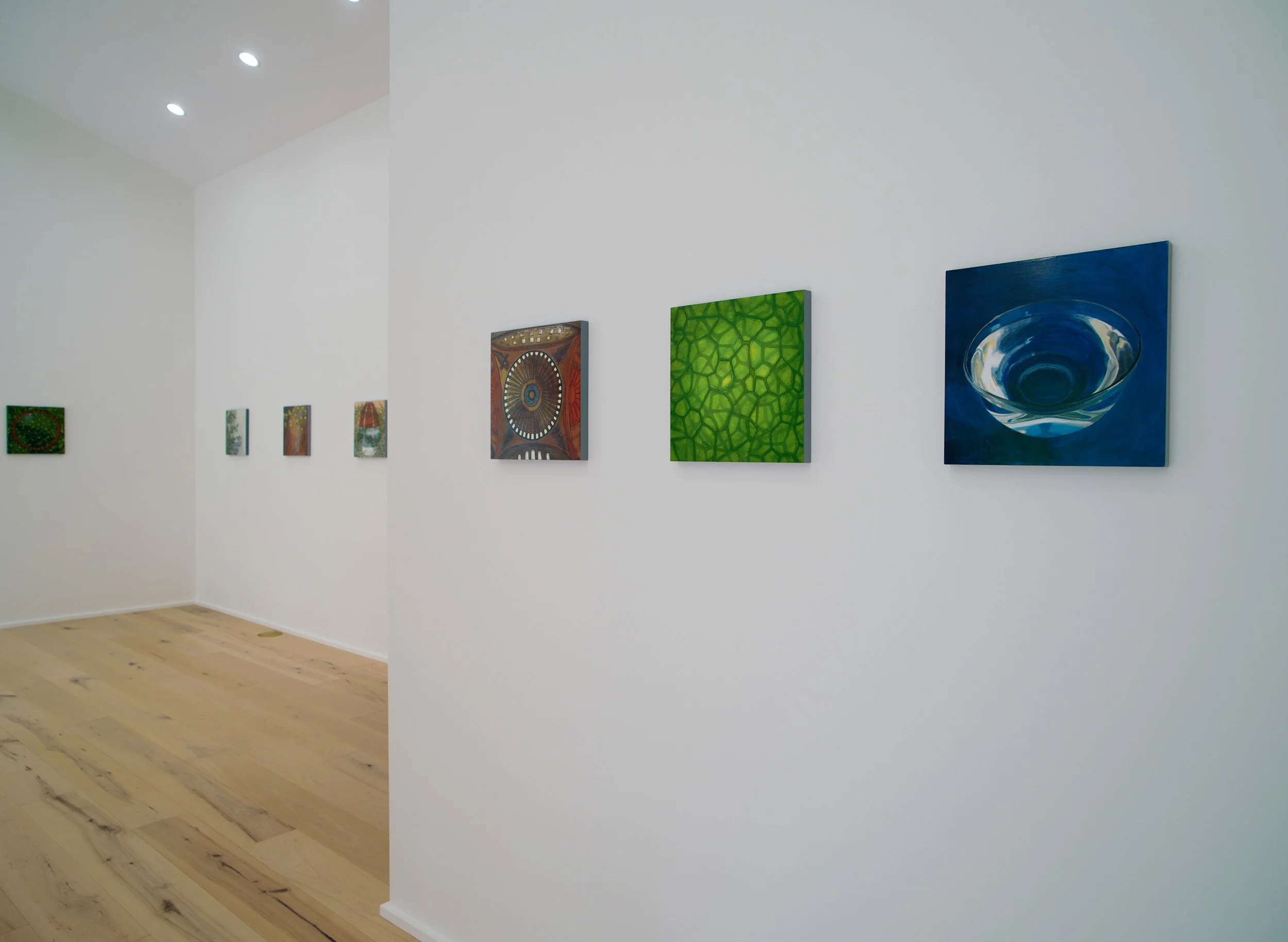 Art gallery wall displaying multiple paintings with abstract patterns in various colors, in a room with white walls and wooden flooring.