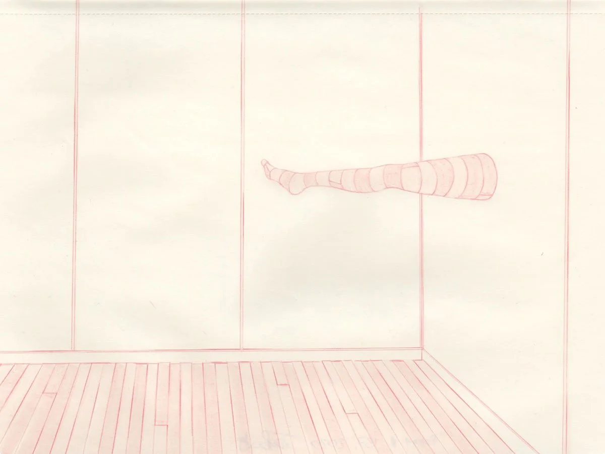  Room 139  
7.5 x 10 inches 
Red pencil and ink on paper 
2020