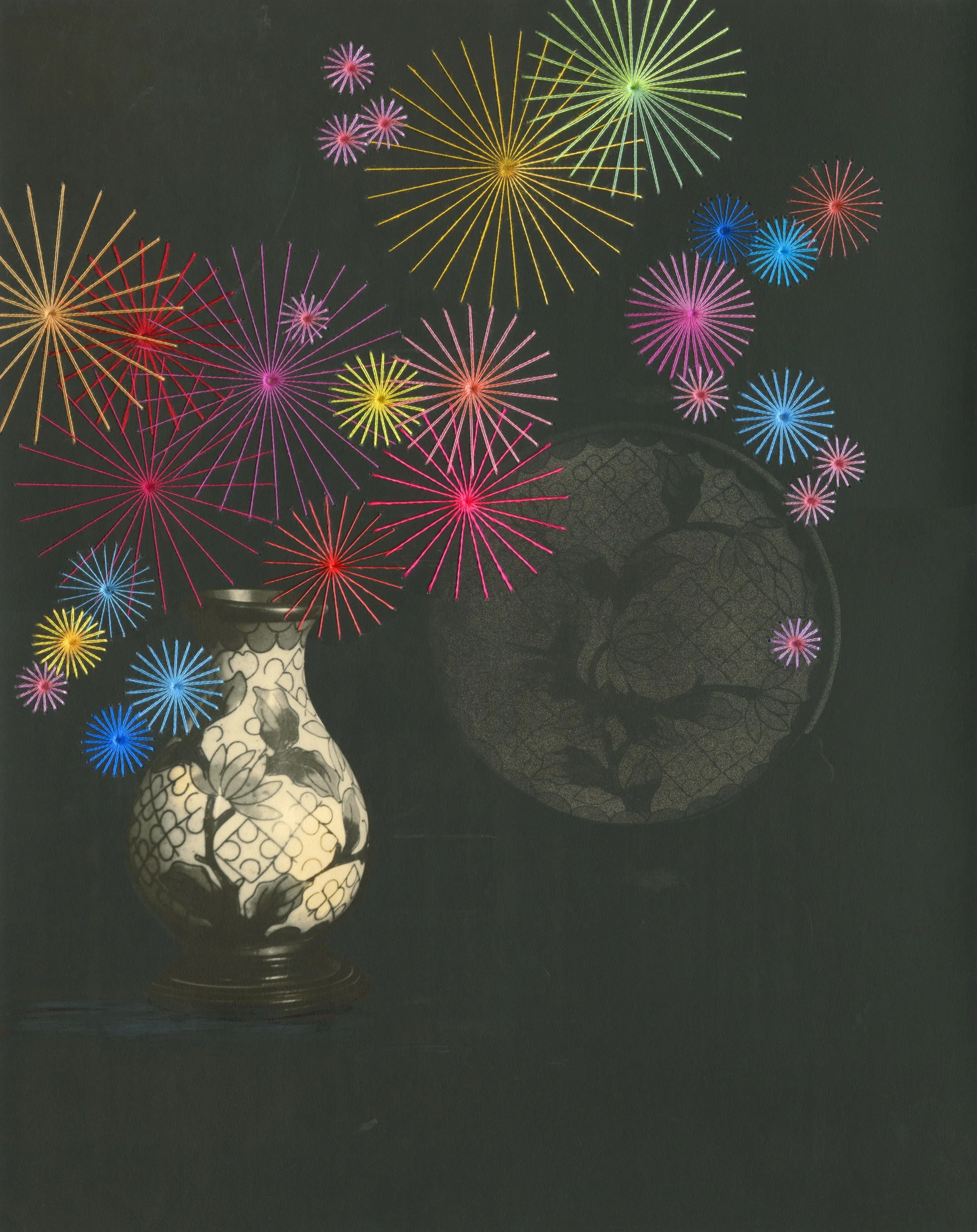 Julie Cockburn 
 Ikebana  
13.5 x 10.5 inches 
Hand embroidery, spray paint, pencil, and ink on found photograph 
2024