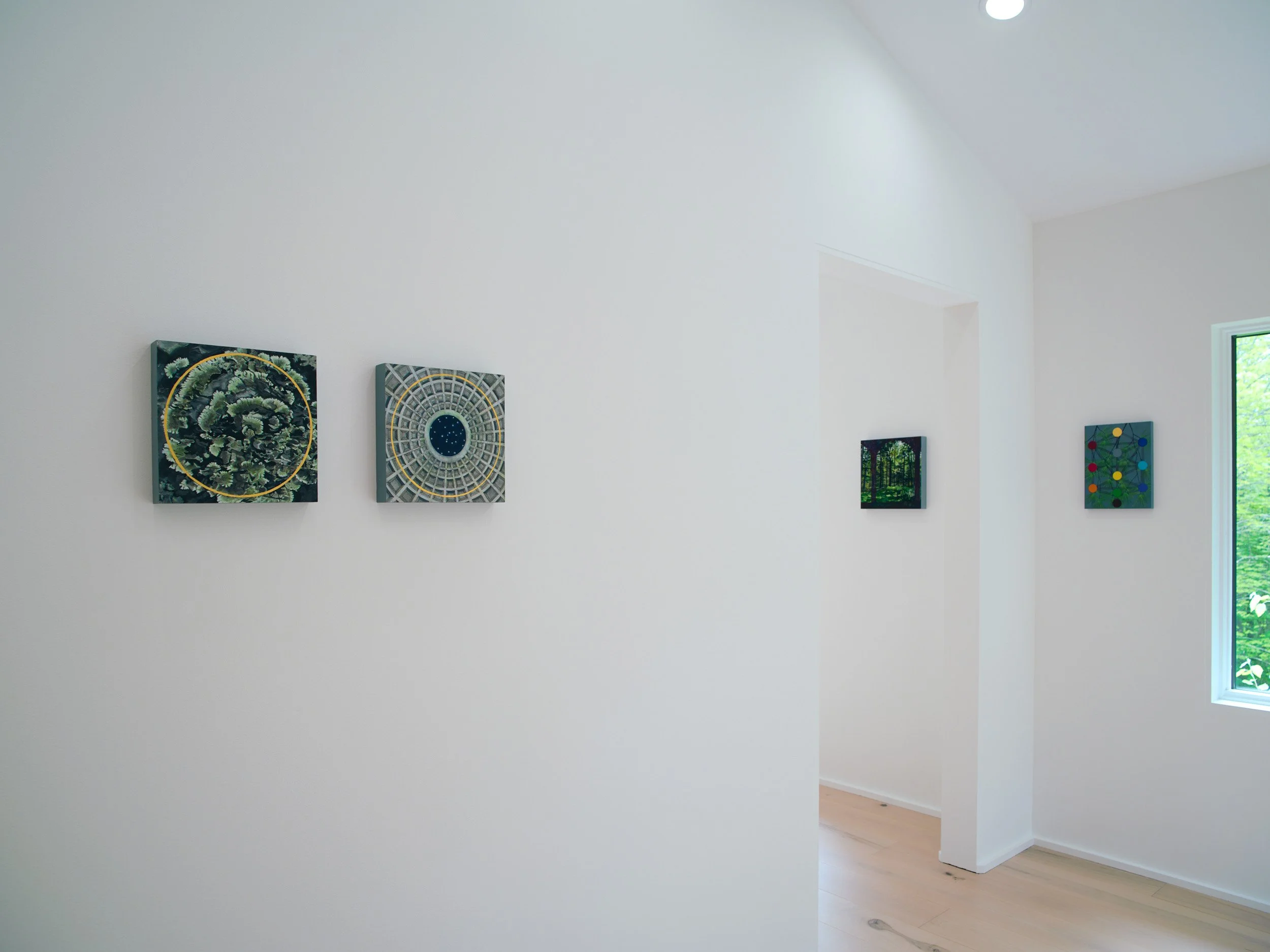 A white gallery wall displays four colorful abstract paintings, with a window showing green trees outside on the right side of the image.