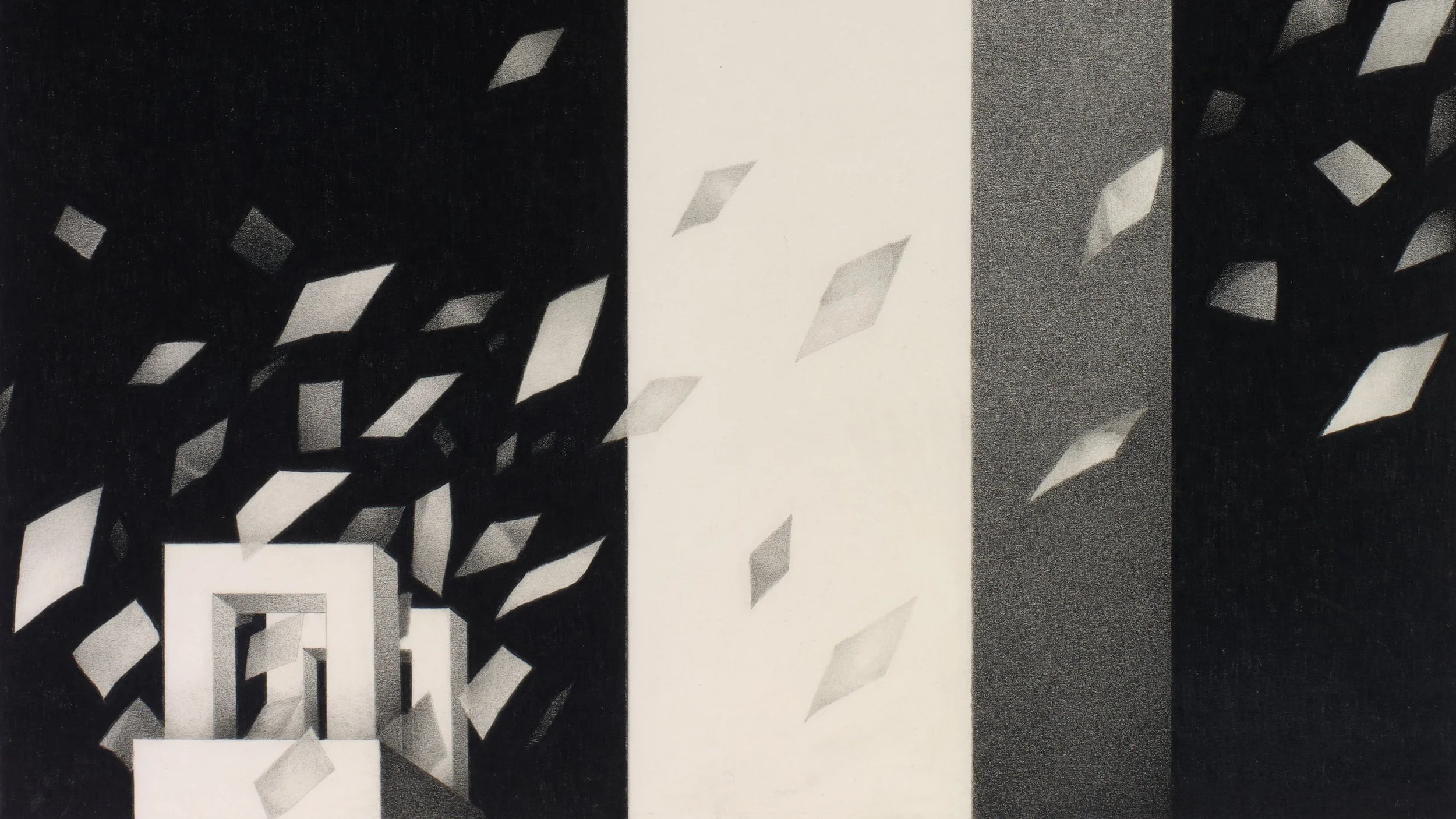 Black and white optical illusion with geometric shapes and overlapping patterns.