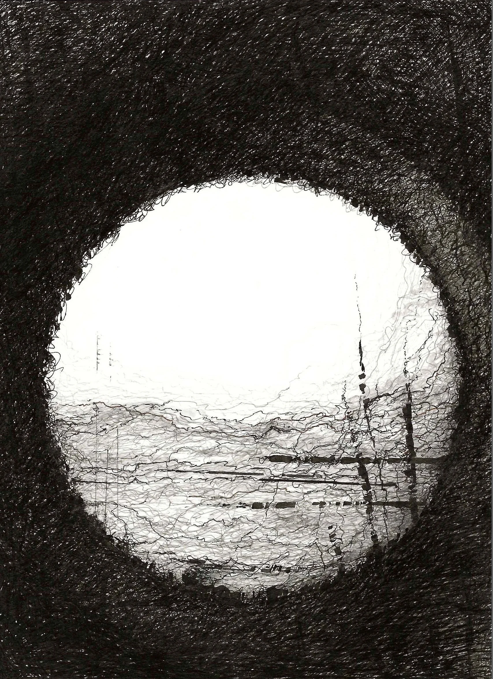 The image shows the view from the ground looking up through a circular opening in a dark, dense, tangled forest canopy with bare, leafless trees.