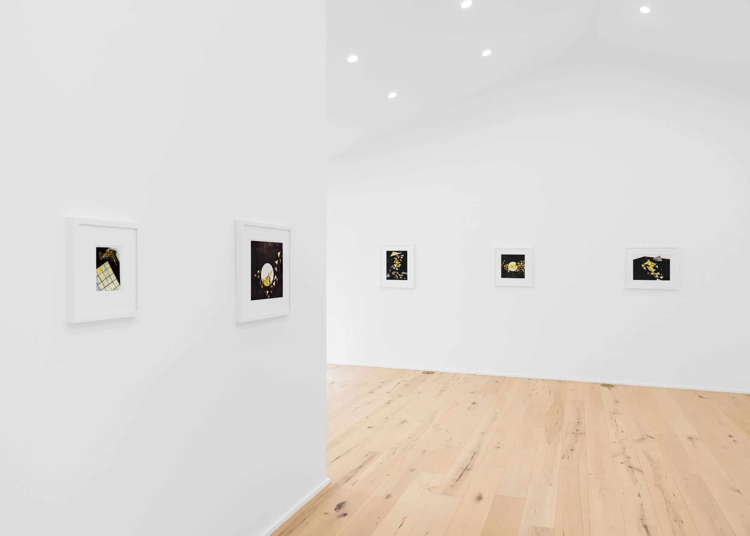 Gallery wall in a white-walled art exhibition space with framed abstract artwork, hardwood floors, and ceiling lights.