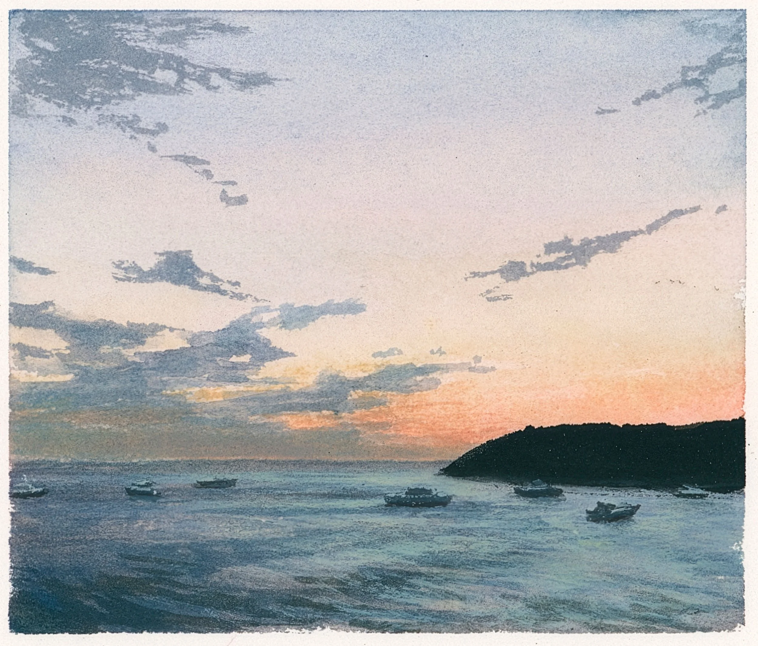  Monhegan harbor, study  
3 x 3.5 inches  
Watercolor on paper  
2023 [paintings]