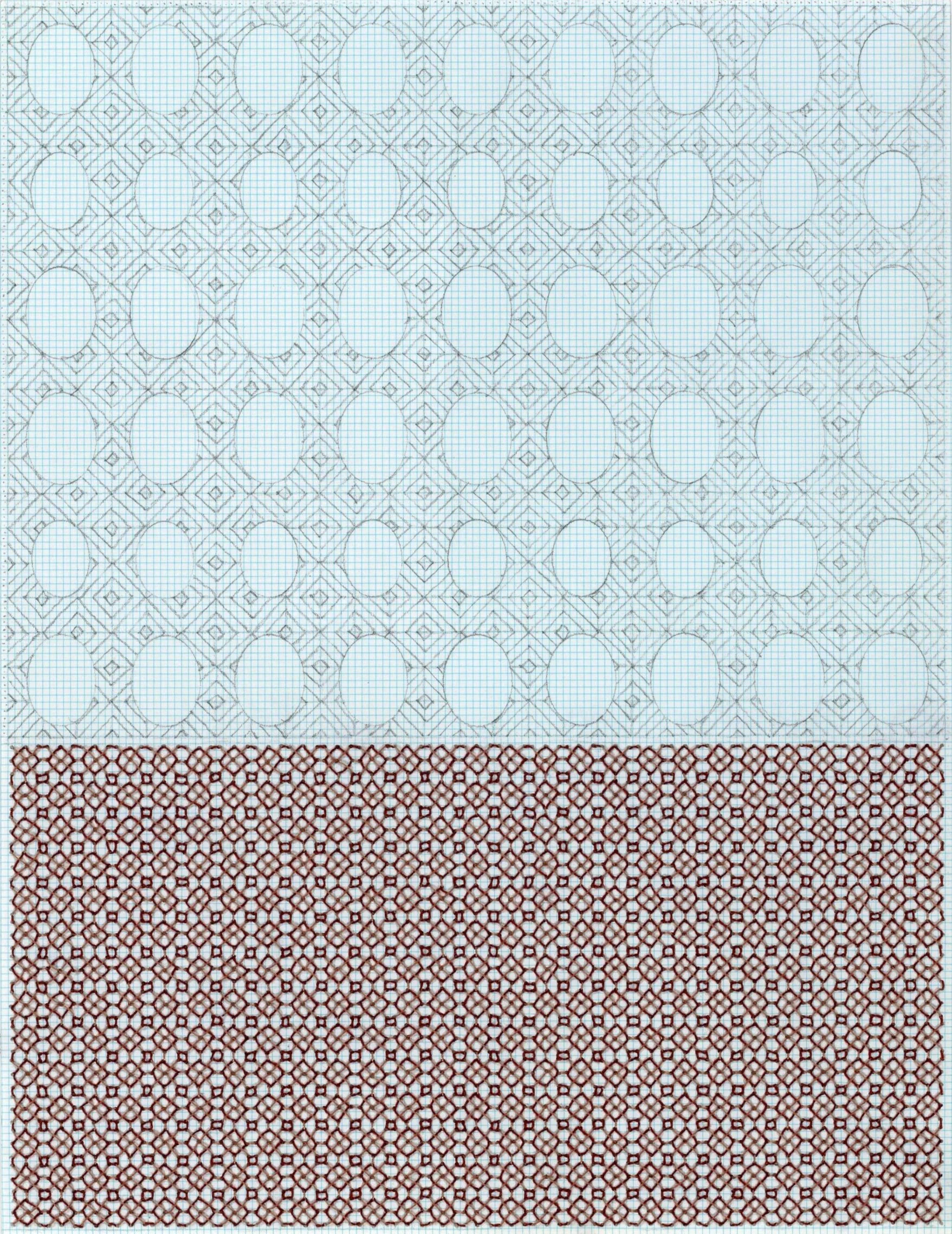 A topographical map with a grid layout, displaying various geometric patterns in a gradient from light blue to dark red.