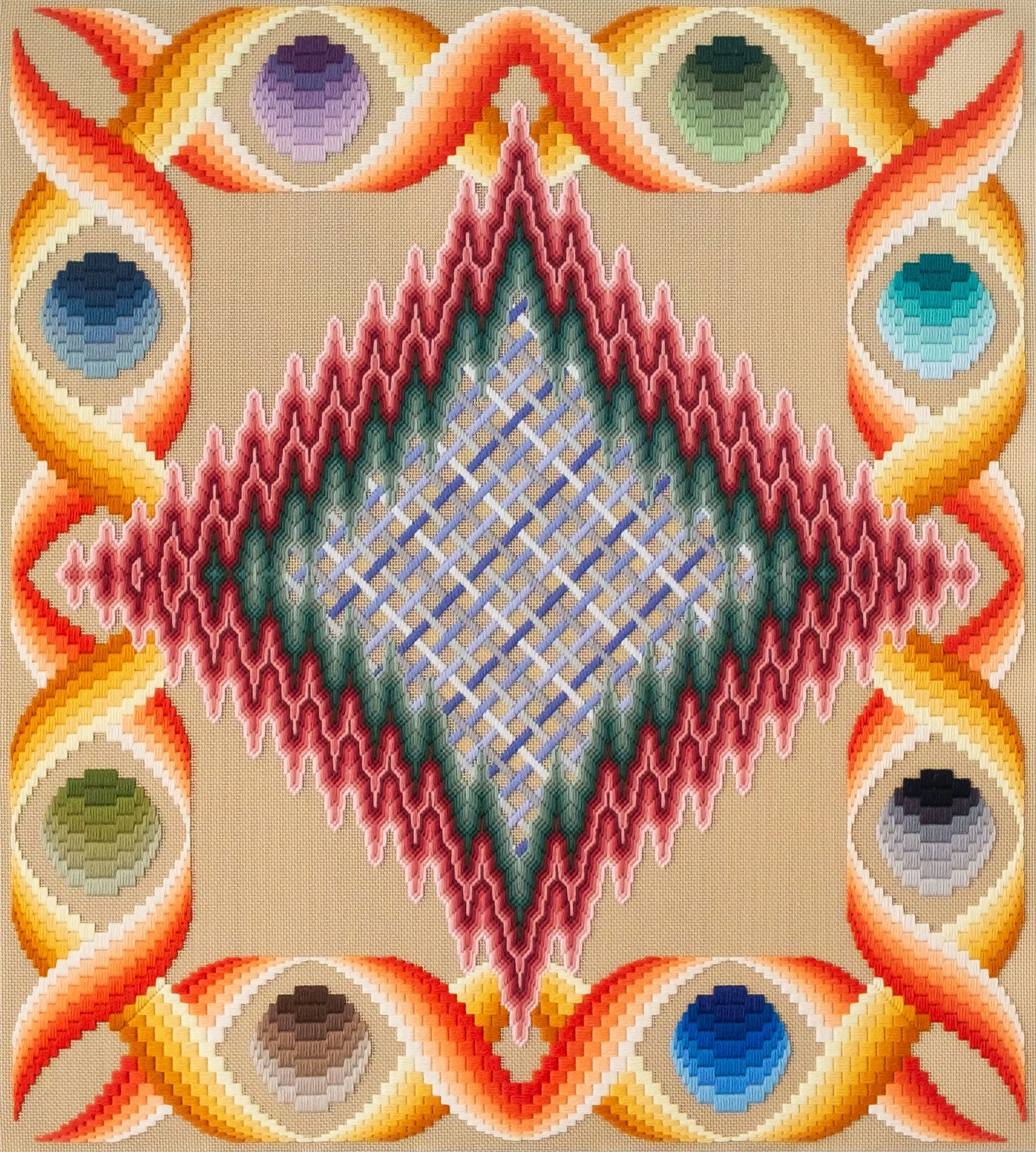 Cecilia Charlton 
 sky-mask bearing the hint of eyes, or of a mouth, or perhaps both 
(pink-green psychic portal)
  
39.5 x 35.5 inches 
Hand-embroidered wool yarn on cotton canvas over cedar panel, 24-carat gold leaf  
2024