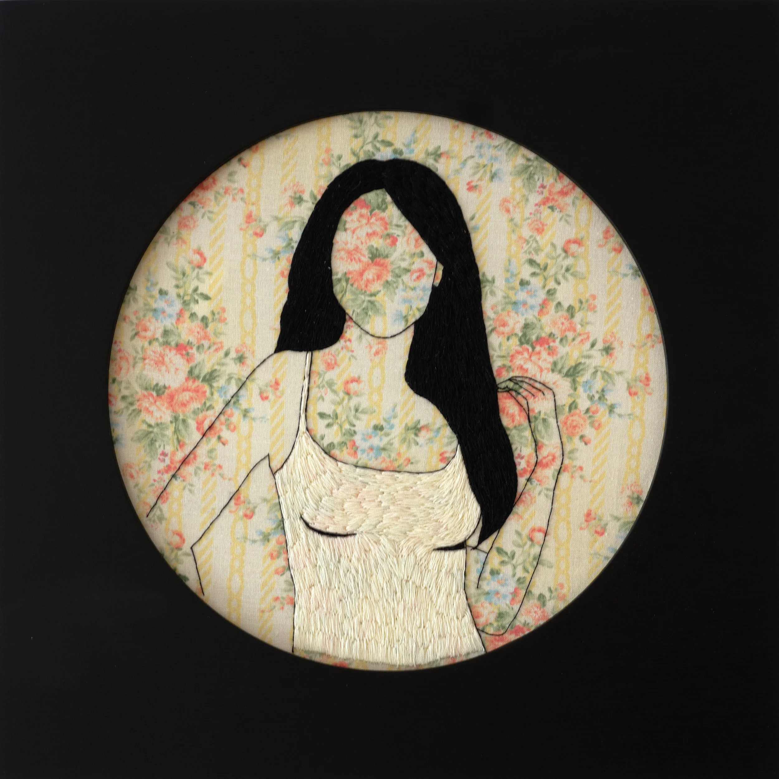 Lisa Holly Kelly 
 Floral girl  
11 x 11 inches (framed) 
Thread on bleached polycotton 
2019