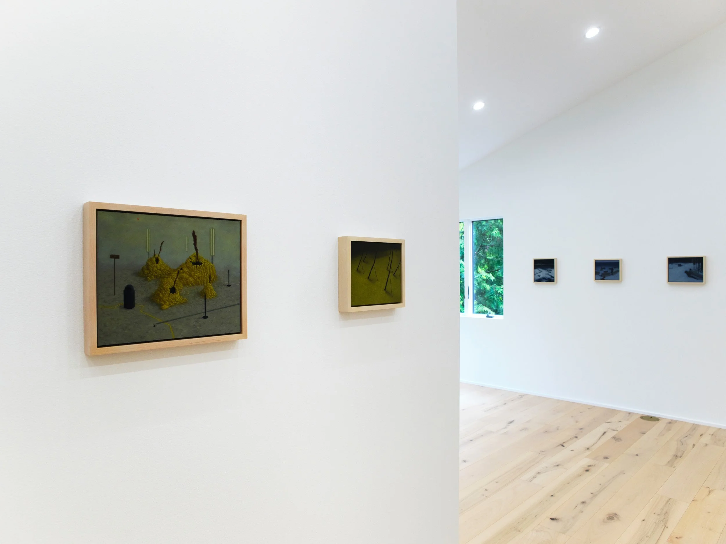 Interior view of an art gallery with white walls, framed artworks, wooden floors, and a window showing green foliage outside.