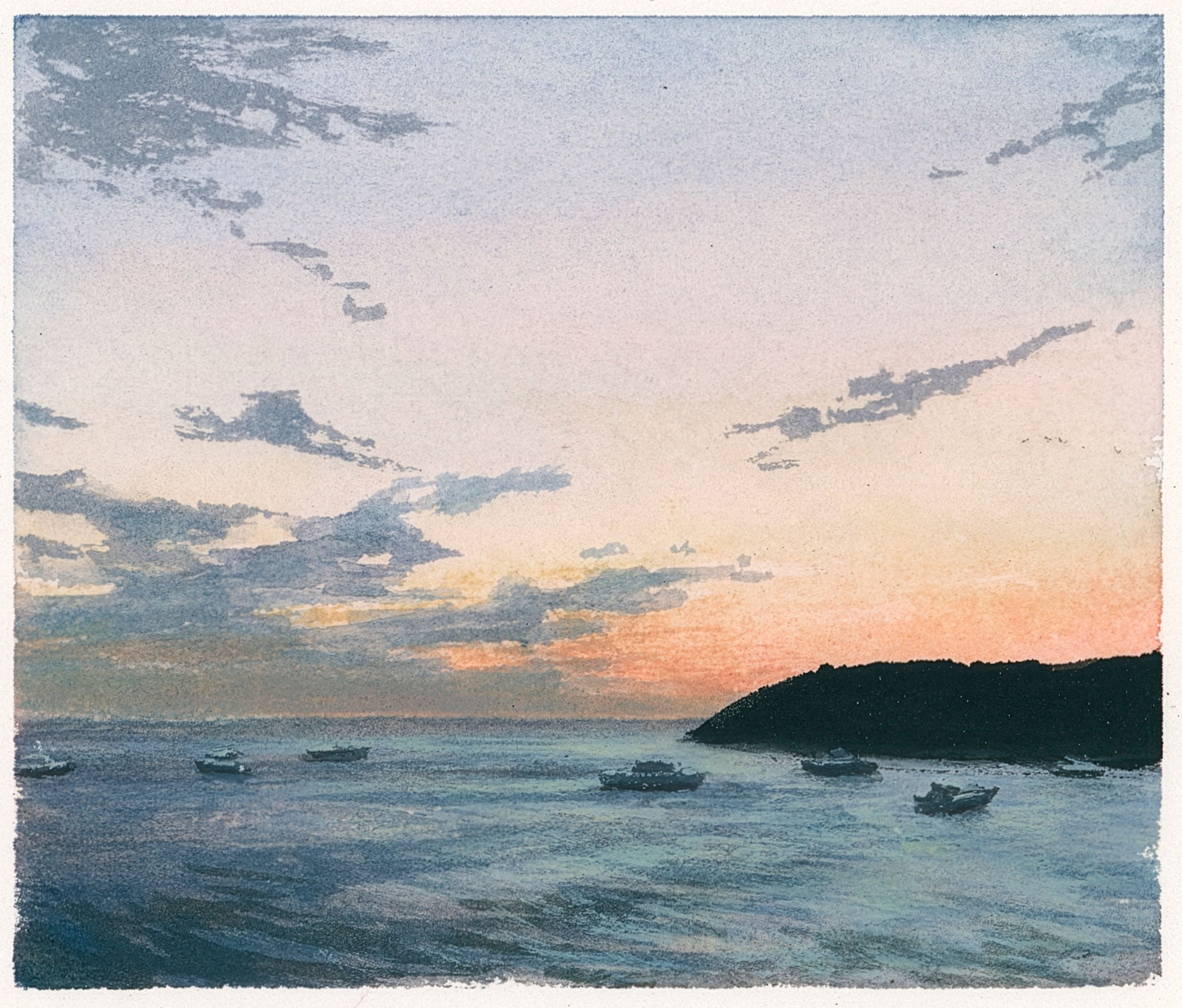  Monhegan harbor, study  
3 x 3.5 inches  
Watercolor on paper  
2023