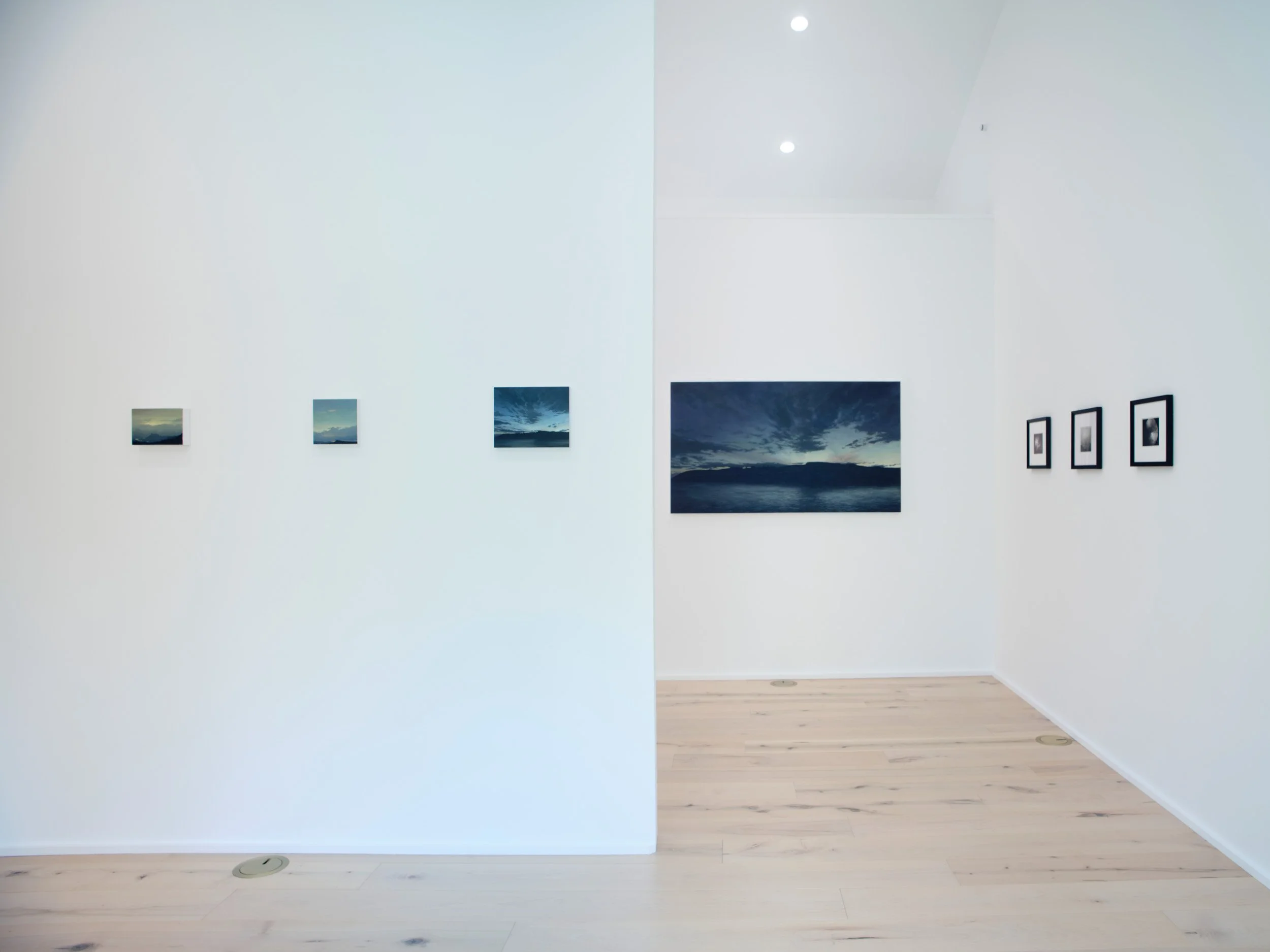 An art gallery with a white wall displaying landscape photographs and black-framed photos, a wooden floor, and ceiling lights.