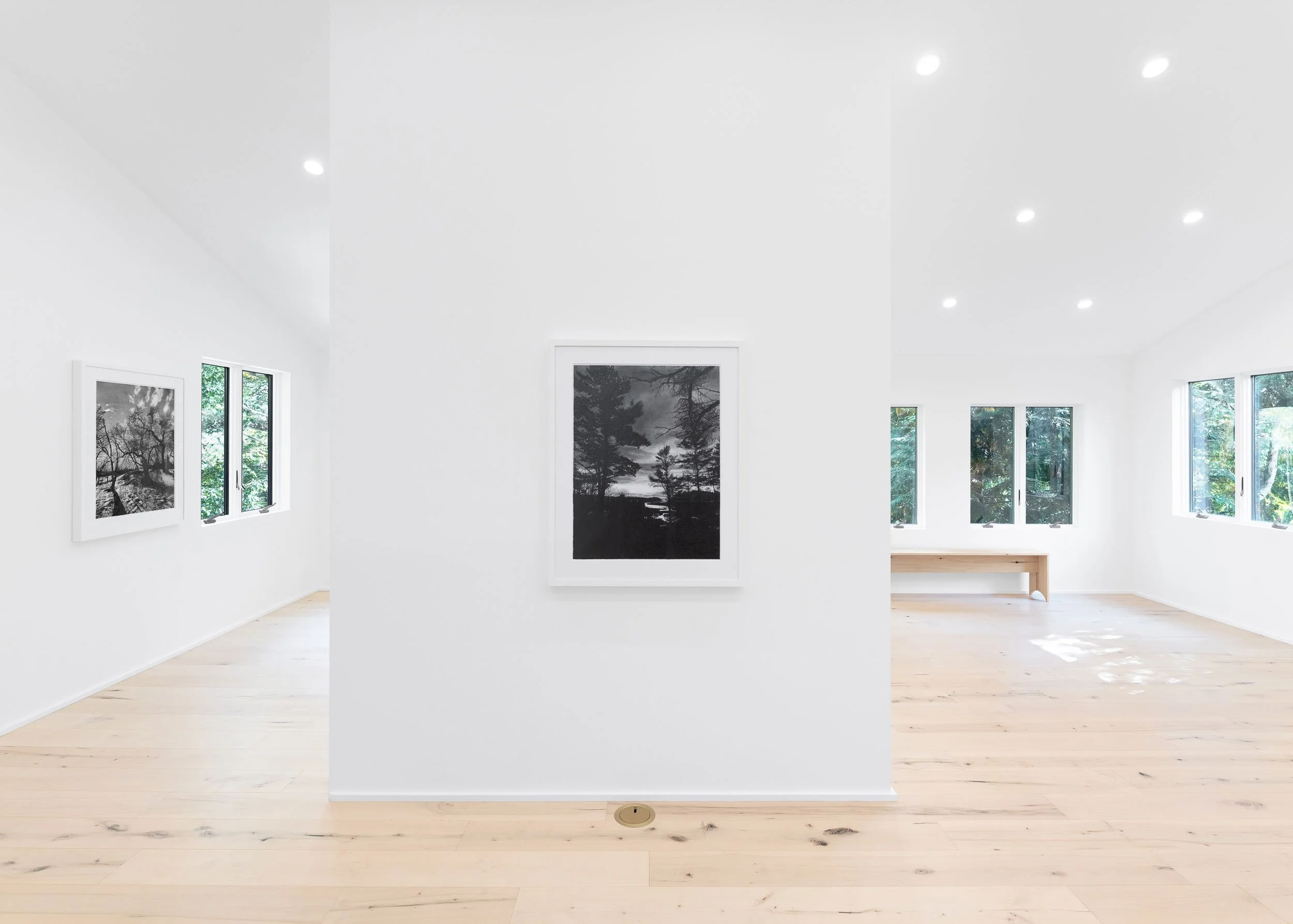 Art gallery interior with Jennifer Brou's framed, black-and-white drawings hanging on the walls.