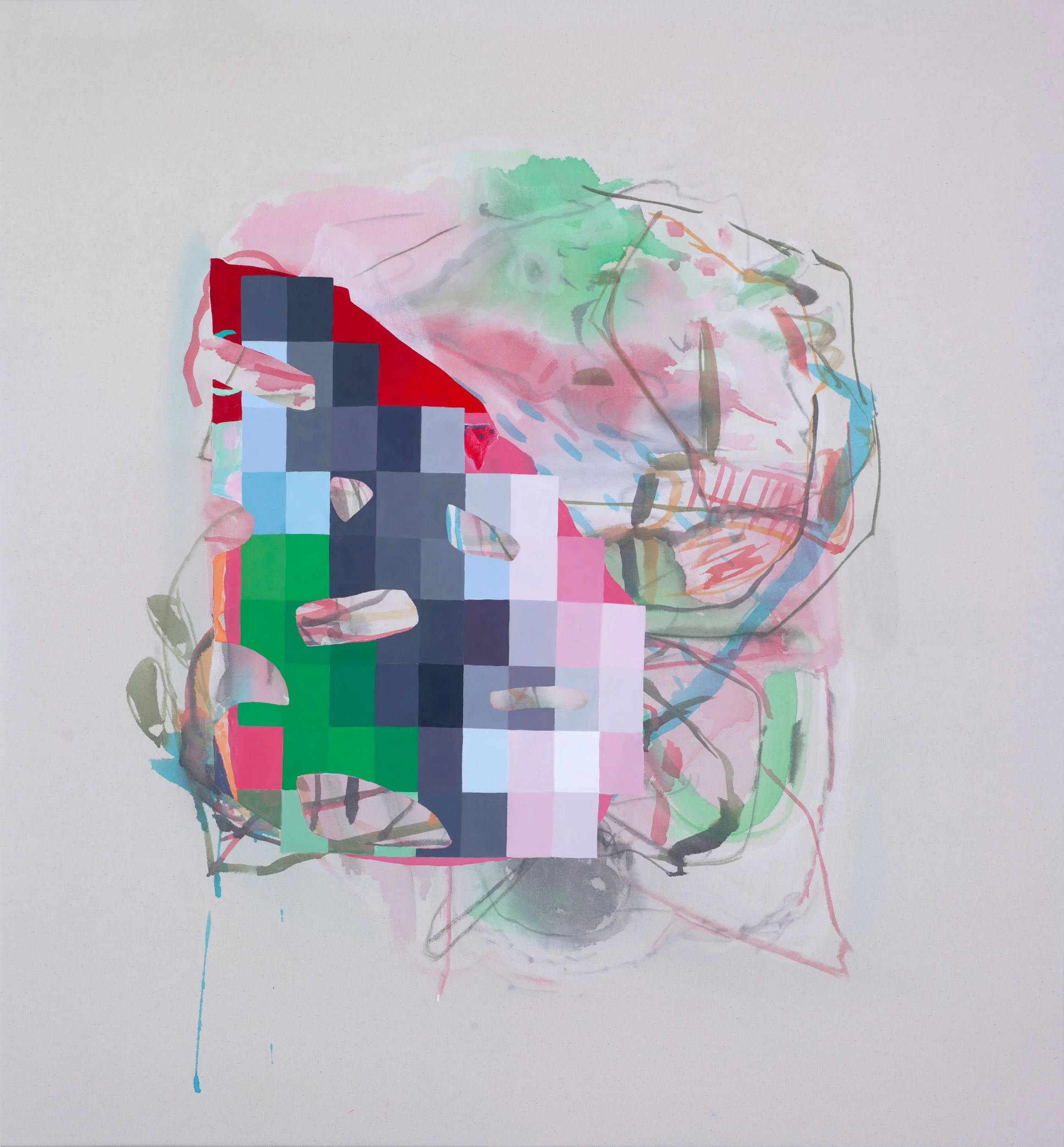 Abstract painting with various colorful brushstrokes in shades of green, blue, red, purple, yellow, black, and beige on a light pink background.