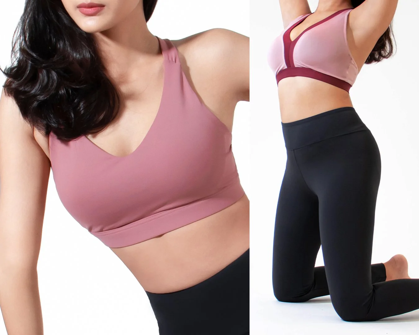 Close-up of a woman in athletic wear, wearing a pink sports bra and high-waisted black leggings, in a fitness pose. The background is white.