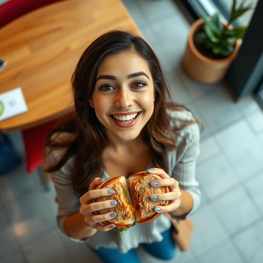 A young woman with brown hair and bright eyes smiling and holding a sandwich with both hands, looking up at the camera indoors near a window with a potted plant nearby.