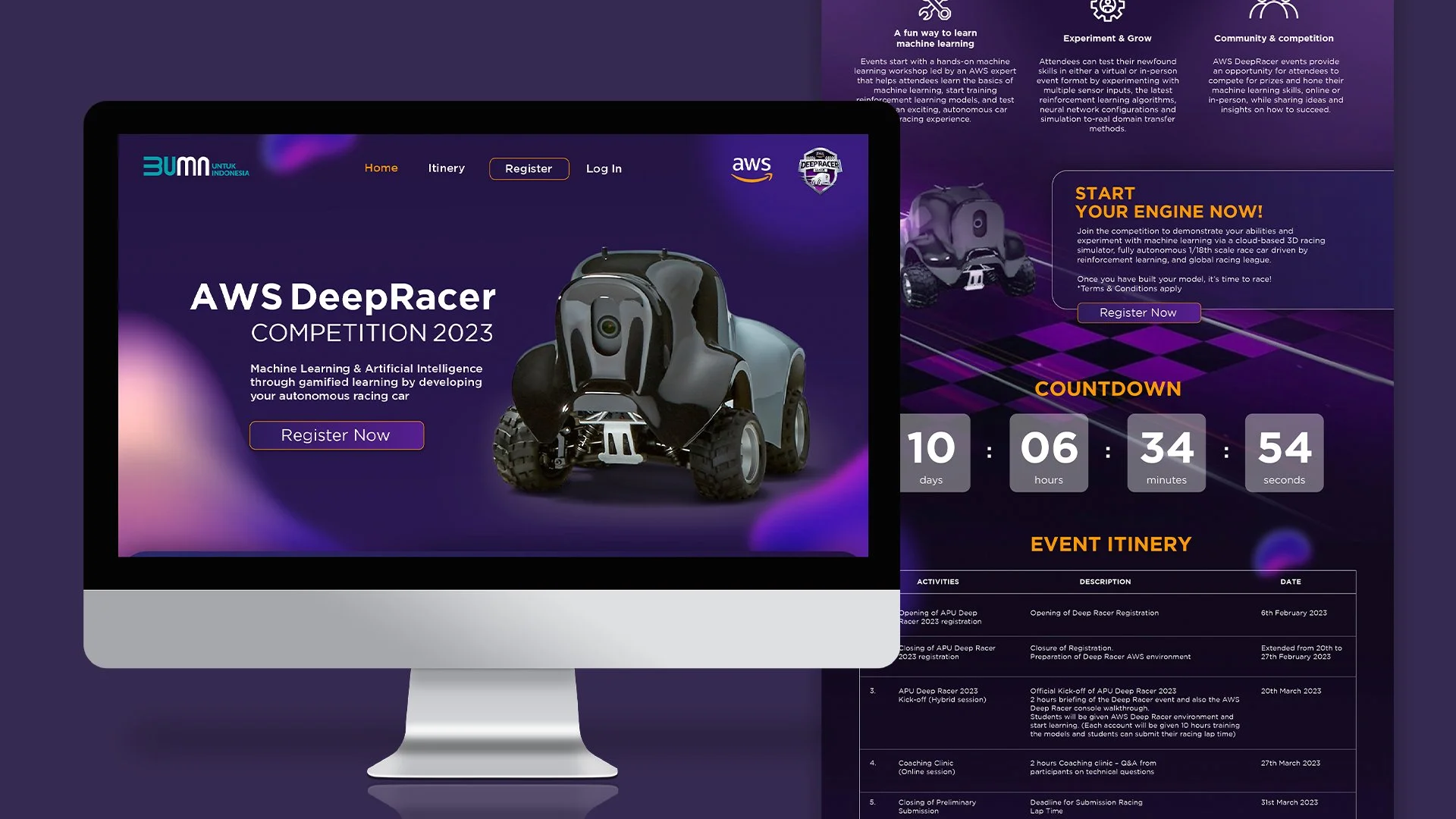 Digital screen displaying an event page for AWS DeepRacer Competition 2023, featuring a 3D model of an autonomous racing car, countdown timer, and registration button.