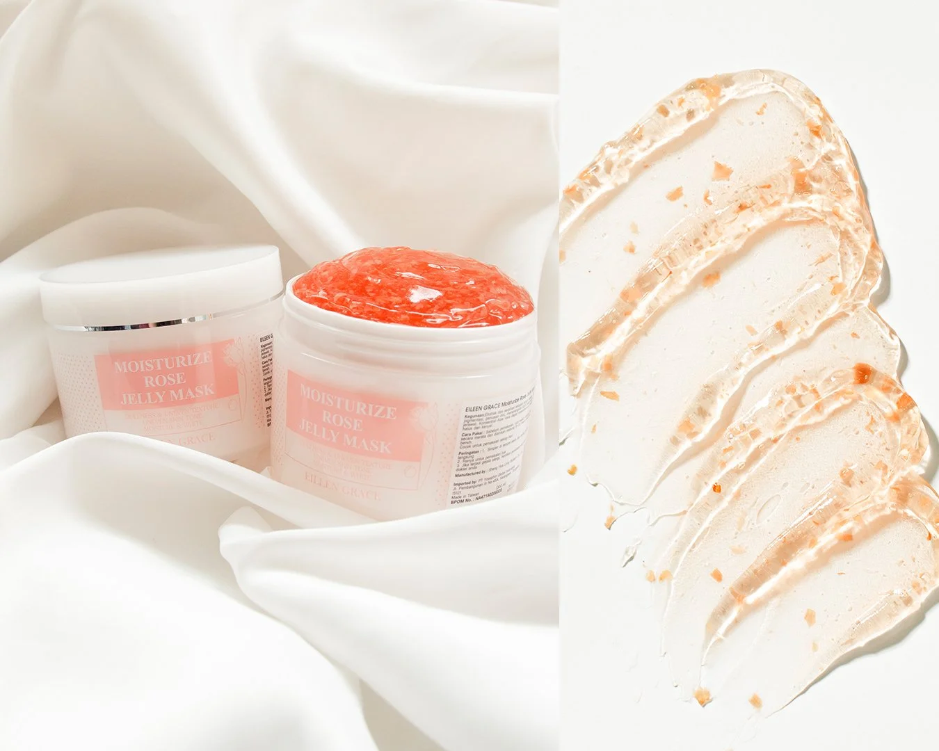 Containers of moisturizing rose jelly mask and a sliced bar of soap on a white silk cloth background.