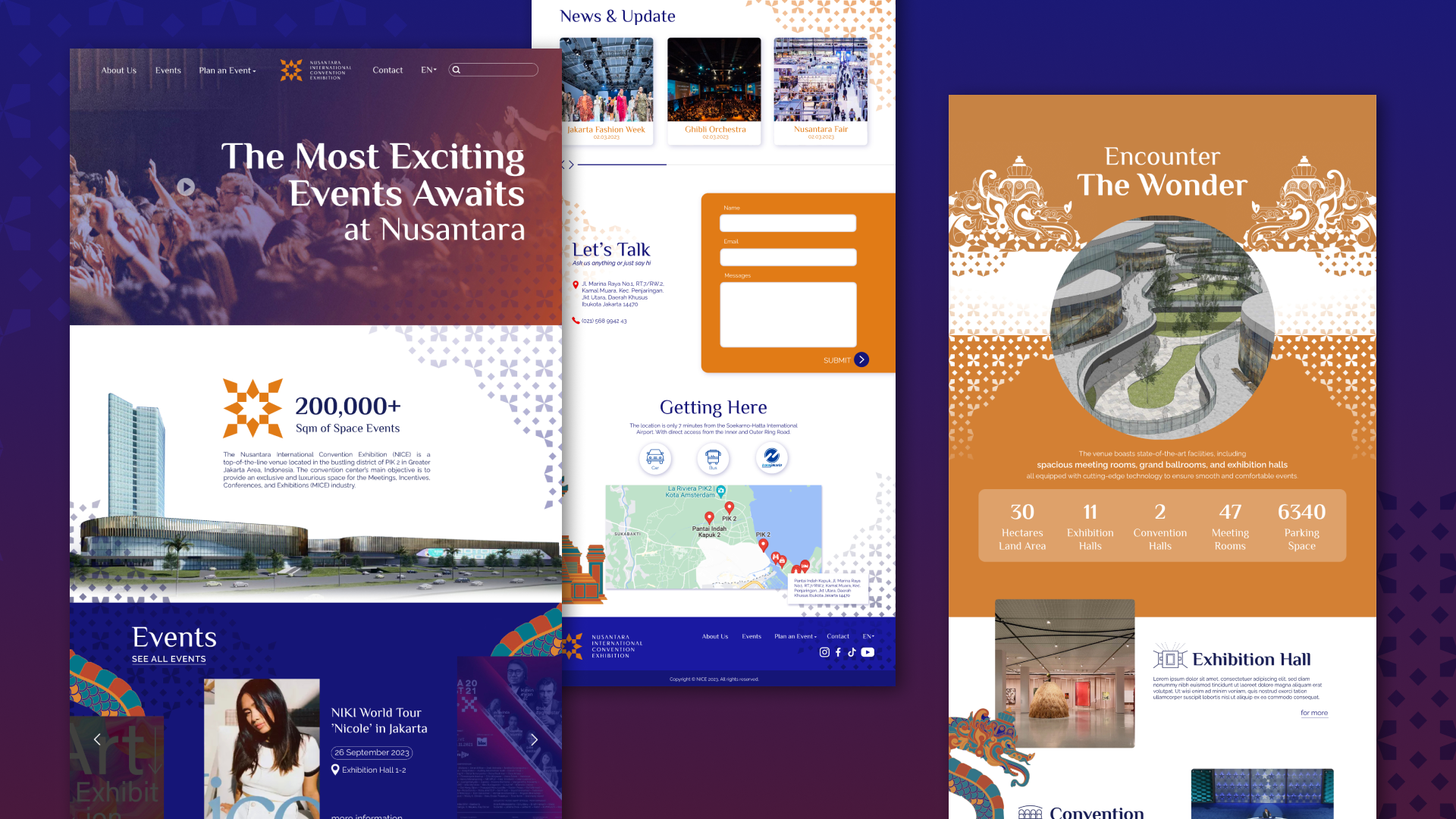 A collection of website screenshots for the Nusantara International Convention & Exhibition, displaying event schedules, venue features, contact information, and promotional content about the event space and exhibitions.