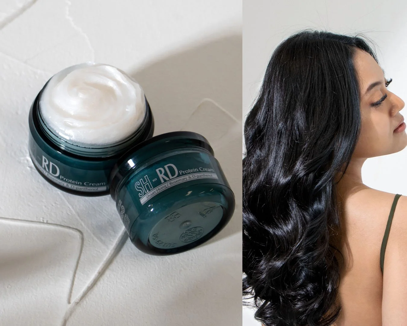 A jar of protein cream with the lid off next to a woman with long, shiny black hair.