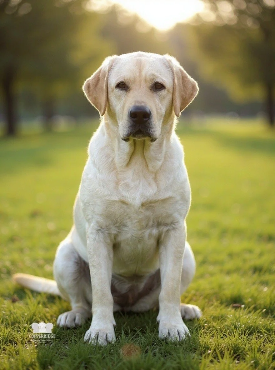 A yellow Labrador Retriever sitting on grass in a park during sunset.
