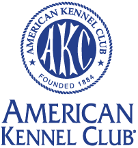 Blue logo of the American Kennel Club featuring the AKC initials and text