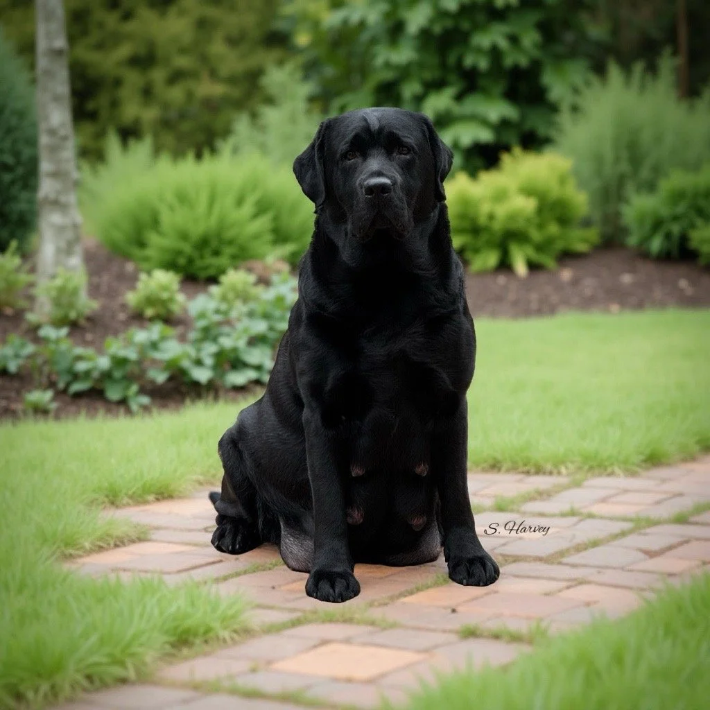 A black Labrador Retriever sitting on a brick pathway in a garden with green grass and plants in the background.
