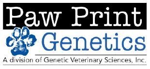 Paw Print Genetics logo with a blue paw print and text