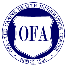 Logo of the American Kennel Club's Canine Health Information Center featuring the initials 'OFA' within a shield and a circular border that reads 'OFA The Canine Health Information Center Since 1966'.