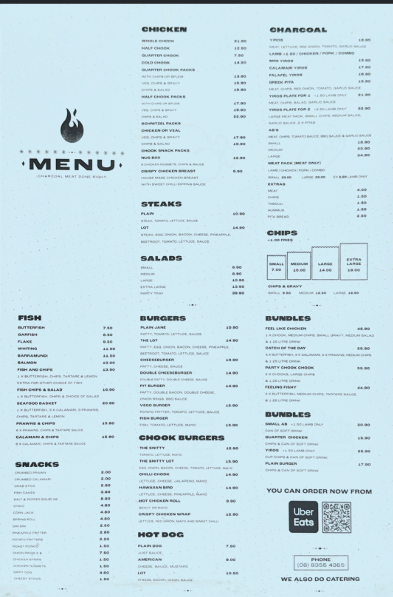 Charcoal Pits menu which includes Chicken, Charcoal, Steaks, Salads, Fish, Burgers, Snacks, Charcoal, and Bundles, with various food items and prices listed.