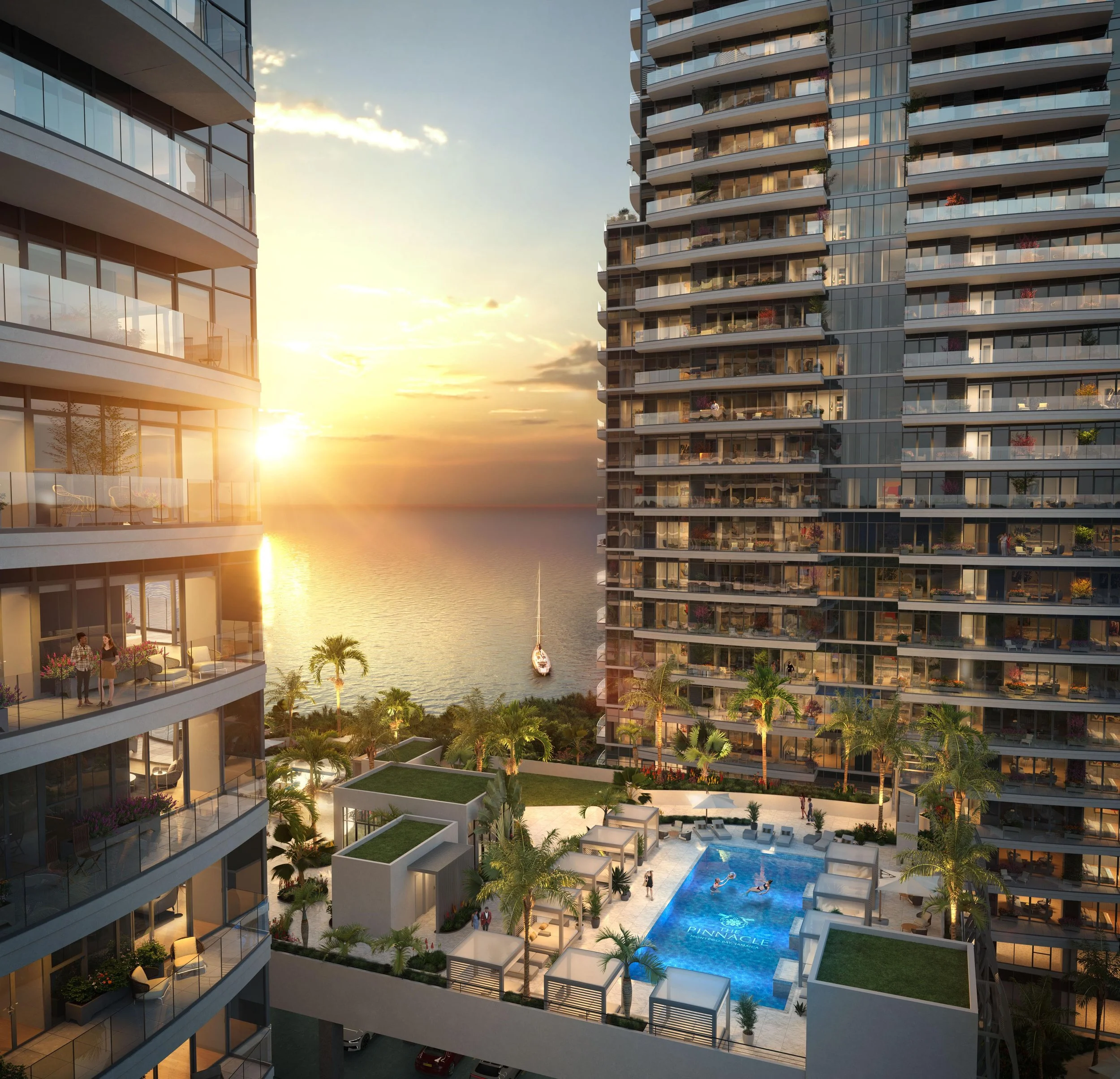 Modern high-rise residential buildings with glass balconies overlooking a swimming pool area with people swimming and relaxing, during sunset.