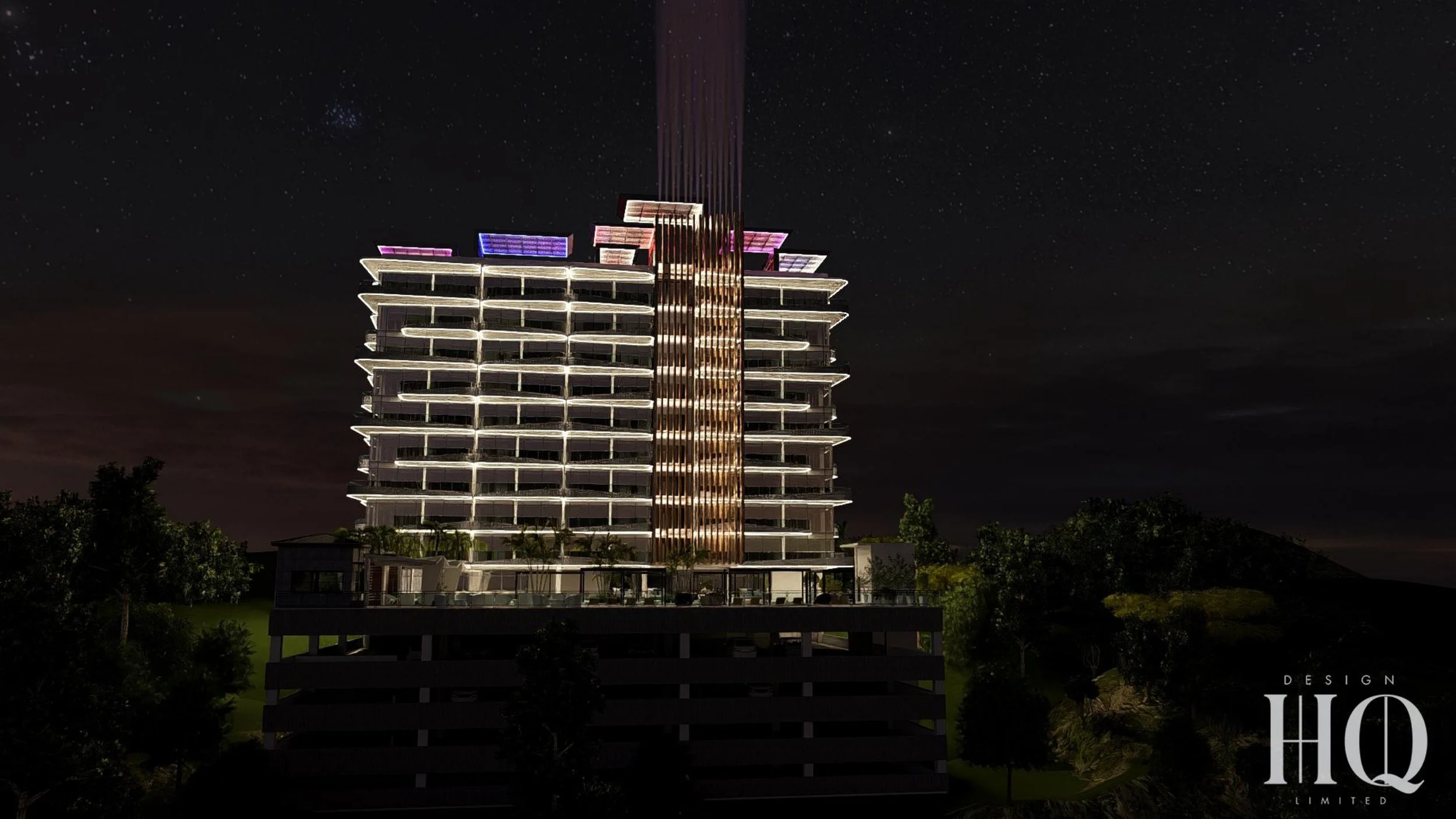 Nighttime rendering of Grand-A-View, a tall, modern building with illuminated horizontal lines and a central vertical copper-colored structure. The dark sky is dotted with stars, and surrounding trees are visible at the bottom.