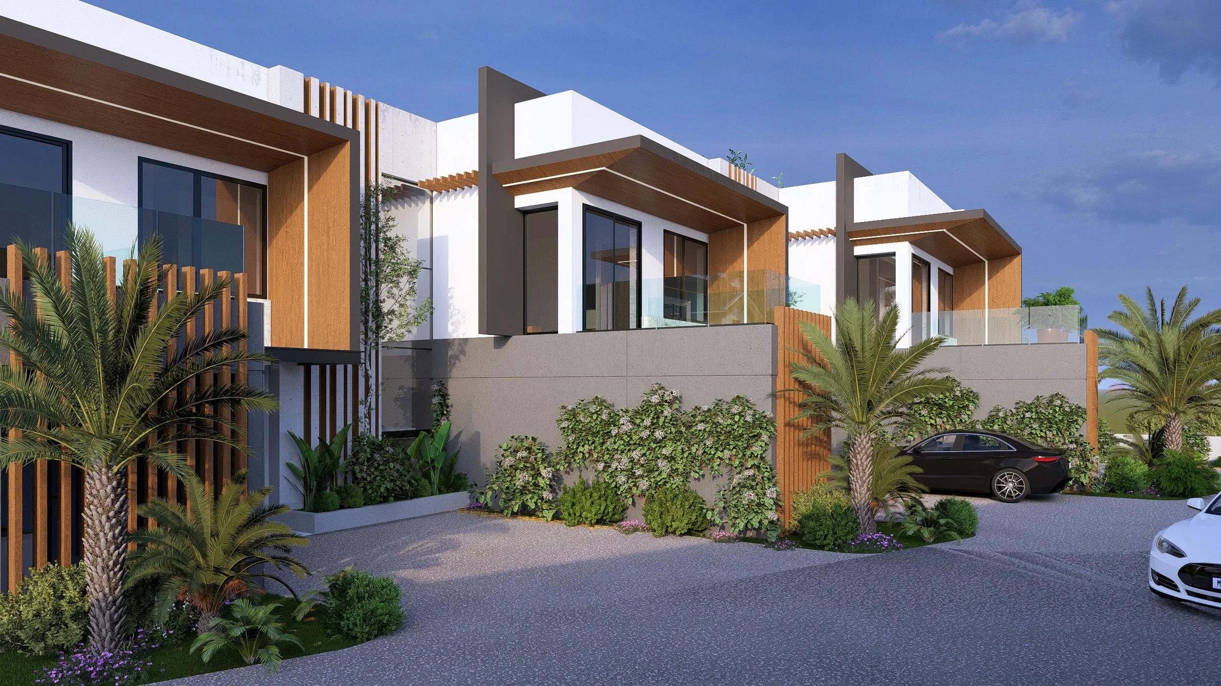 Rendering of Paradise Pen, a modern multi-story residential building with wooden accents, glass balconies, and landscaped front yard featuring palm trees and flowering bushes, with cars parked in driveway and a clear blue sky.