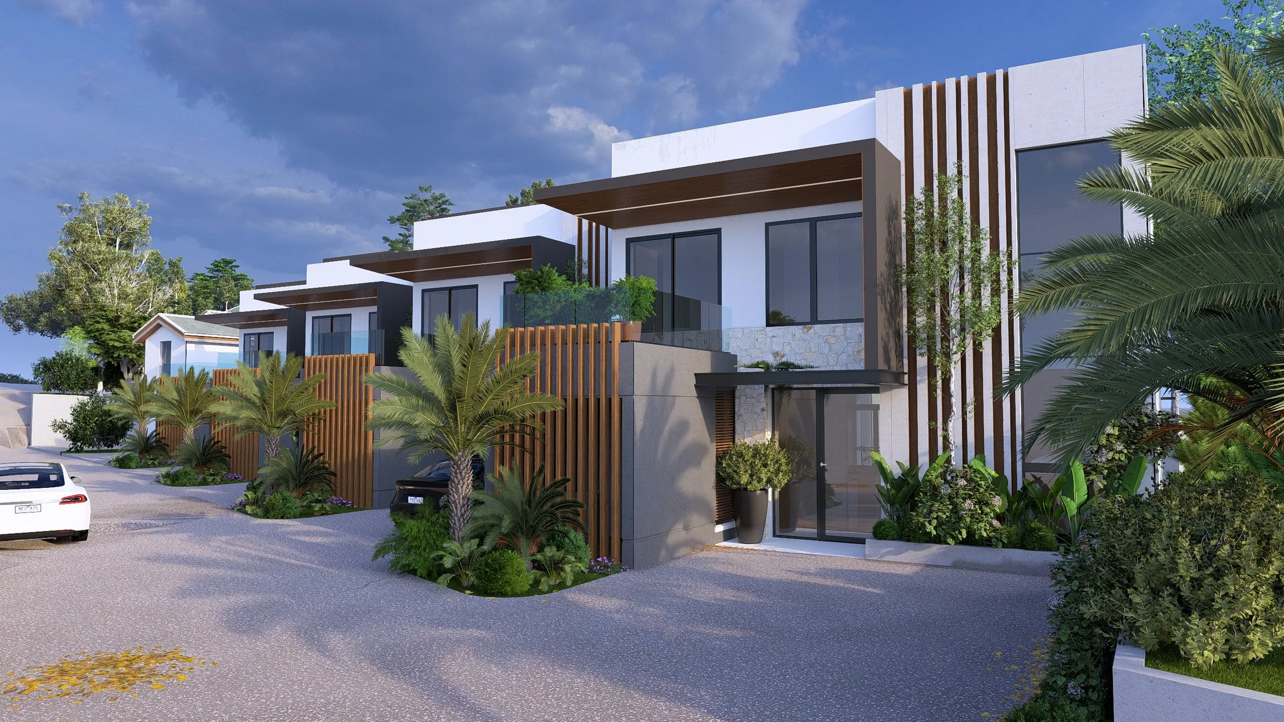 Rendering of Paradise Pen, a modern multi-story residential buildings with large glass windows, surrounded by lush greenery and palm trees, under a partly cloudy sky.