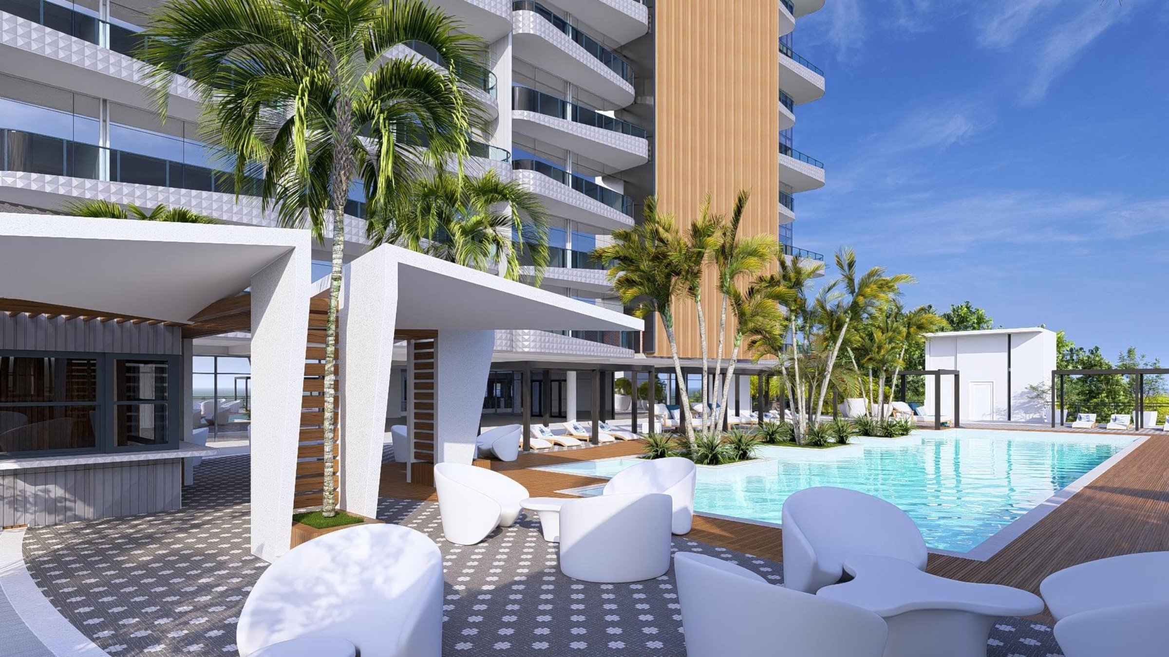 Rendering of Grand-A-View with modern architecture, outdoor pool, palm trees, and poolside lounge chairs under a clear blue sky.