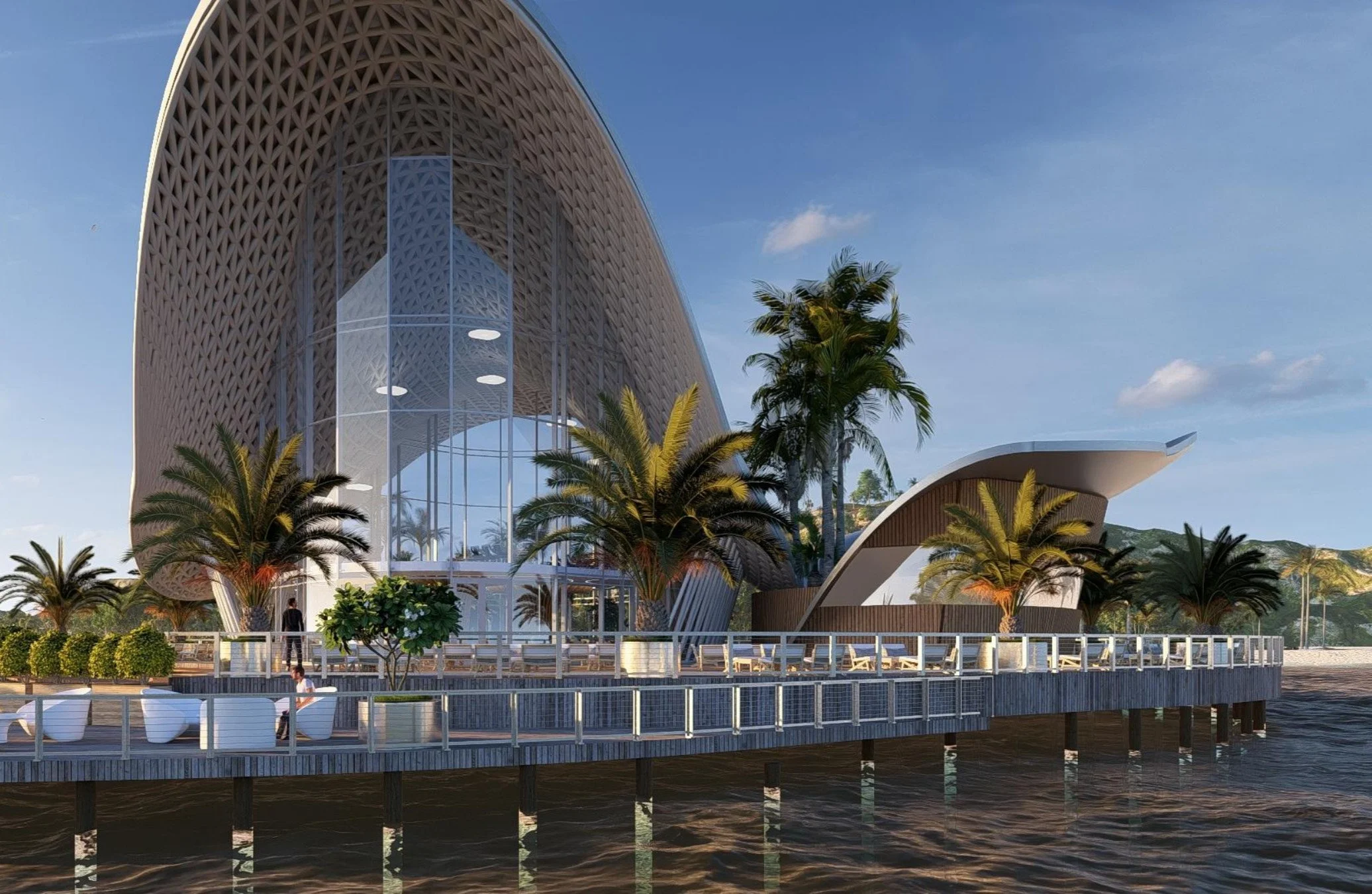 Rendering of a modern building on water with large arched roof, trees, and people on a deck under a clear blue sky.