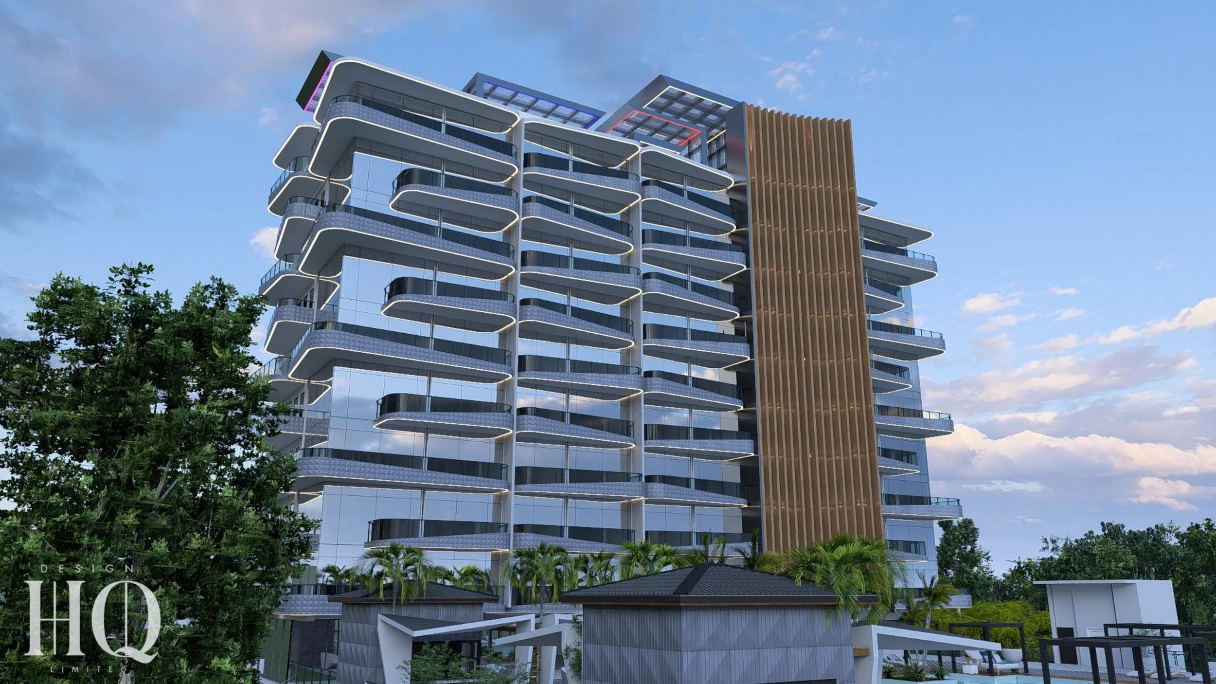 Rendering of Grand-A-View, a modern multi-story apartment building with curved balconies and glass railings, featuring a wooden accent wall on one side, set against a partly cloudy blue sky with surrounding trees and landscaped area.