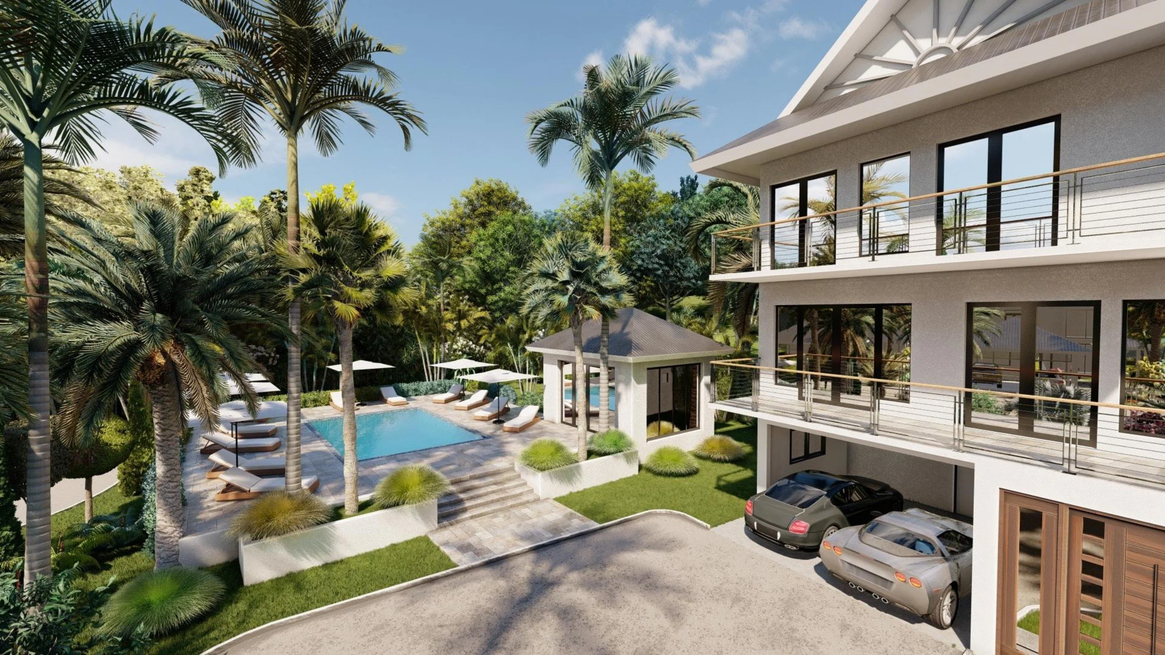 Rendering of a house from the Detura Townhouse project, with a swimming pool surrounded by tall palm trees and lounging chairs, a small gazebo nearby, and multiple parked cars in the driveway.