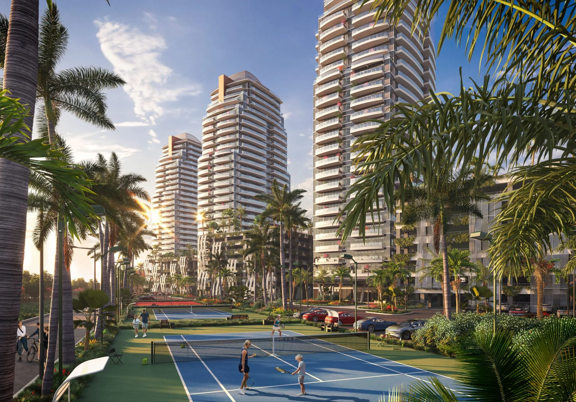 Rendering of Skyscrapers from The Pinnacle project with curved balconies surrounded by tall palm trees and lush greenery, with a tennis court and people playing in the foreground.