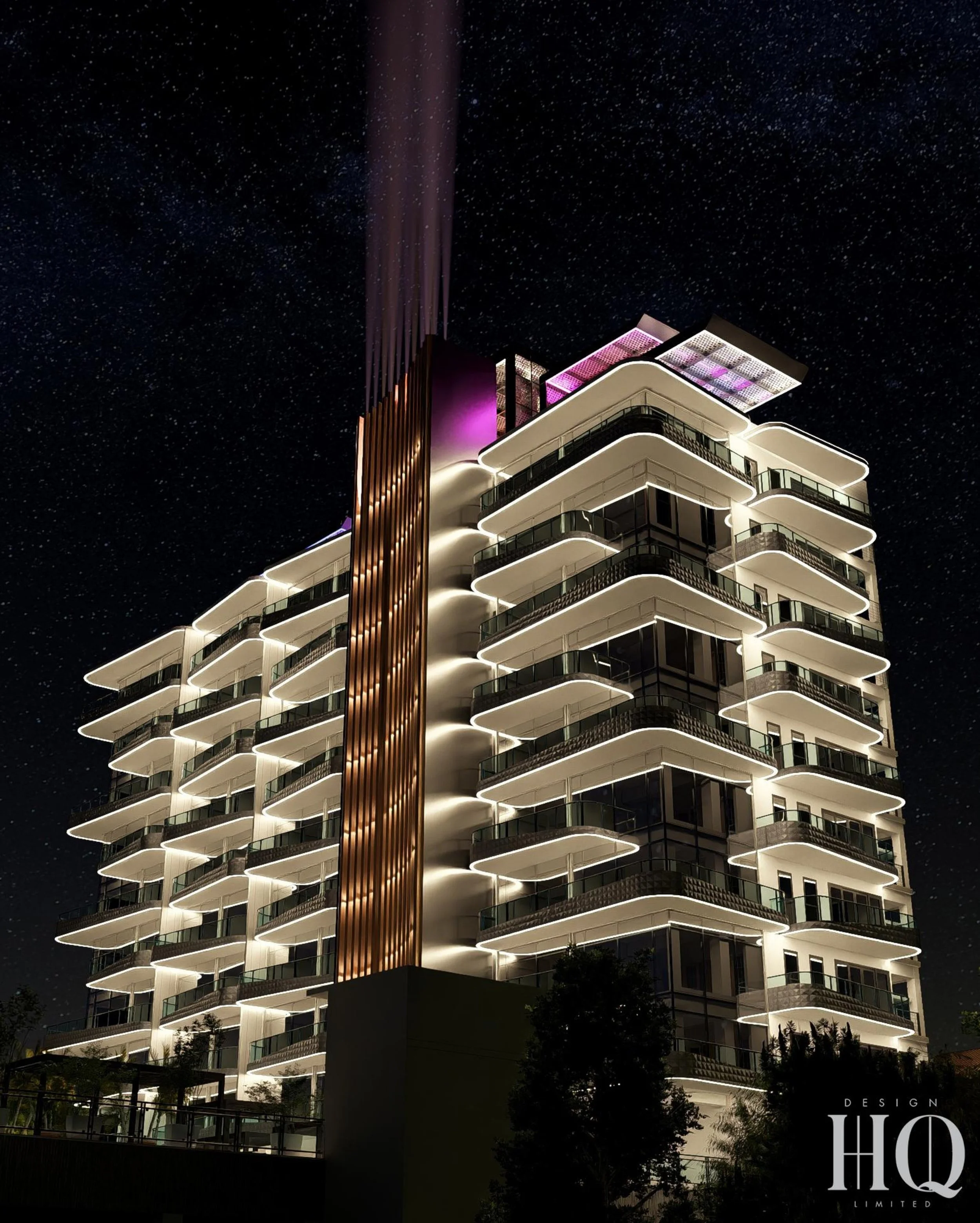 Night rendering of Grand-A-View, a modern multi-story building with illuminated curving balconies and neon lighting accents against a starry sky.