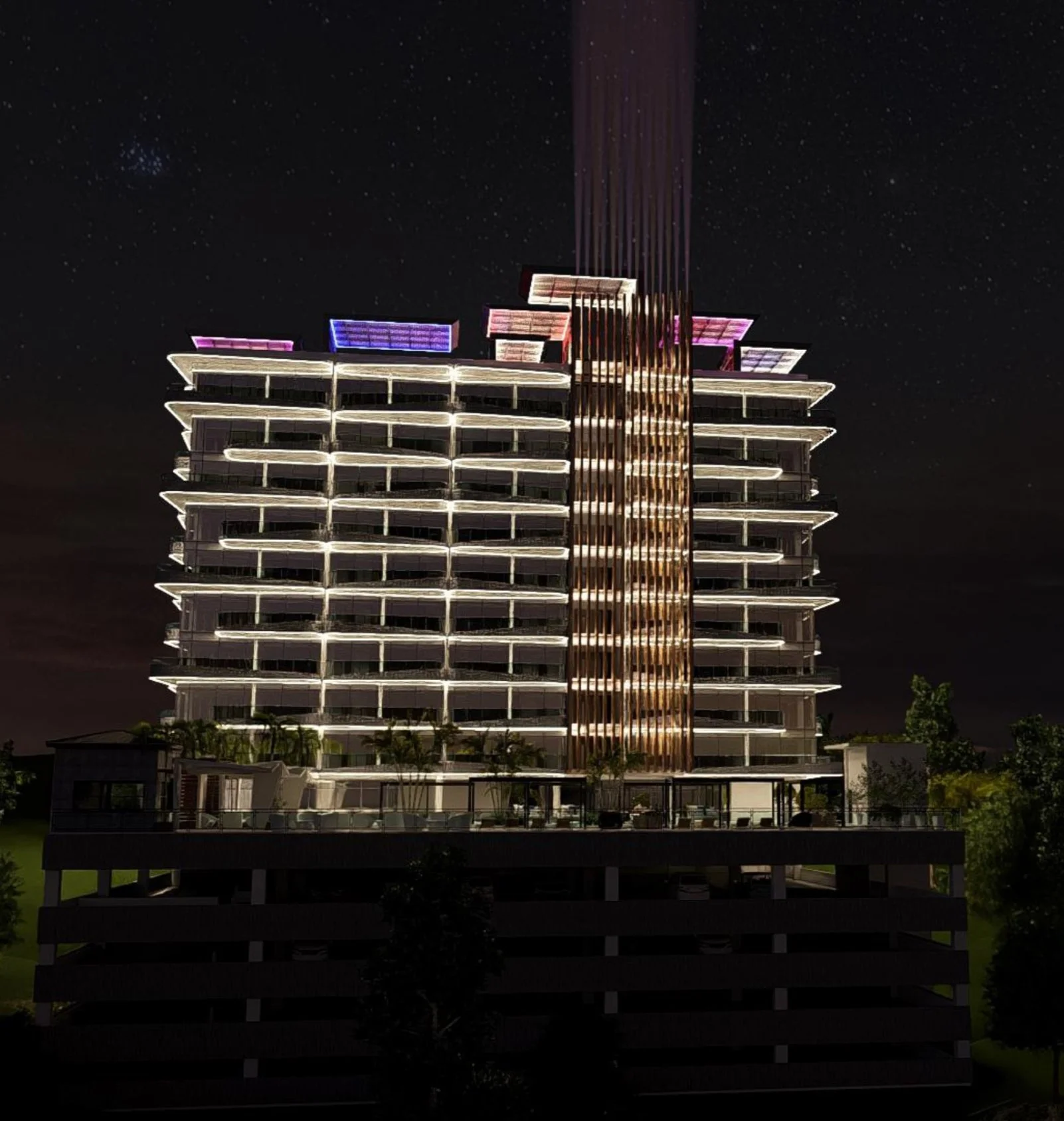 Night rendering of Grand-A-View, a modern multi-story building with illuminated balconies and a central copper-colored vertical accent, under a starry sky.