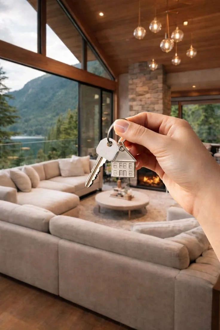 A hand holding a keyring with house-shaped and traditional keys in a cozy living room with large windows, mountain view, and modern decor.