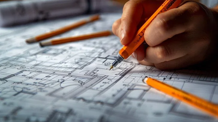 Hand holding an orange pen over detailed architectural blueprints, with other pens and pencils nearby.
