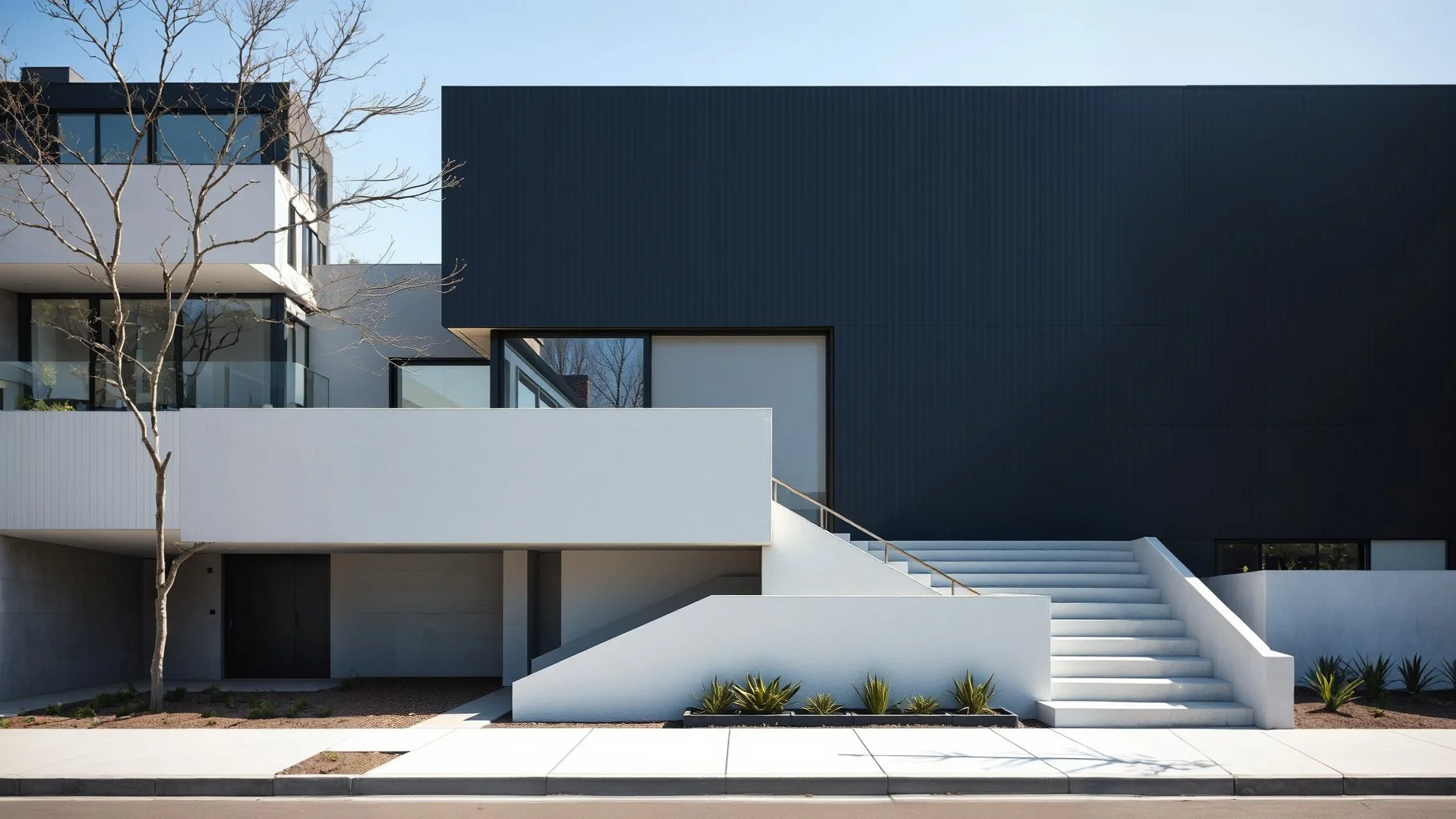 Modern black and white residential building with stairs, trees, and minimal landscaping.