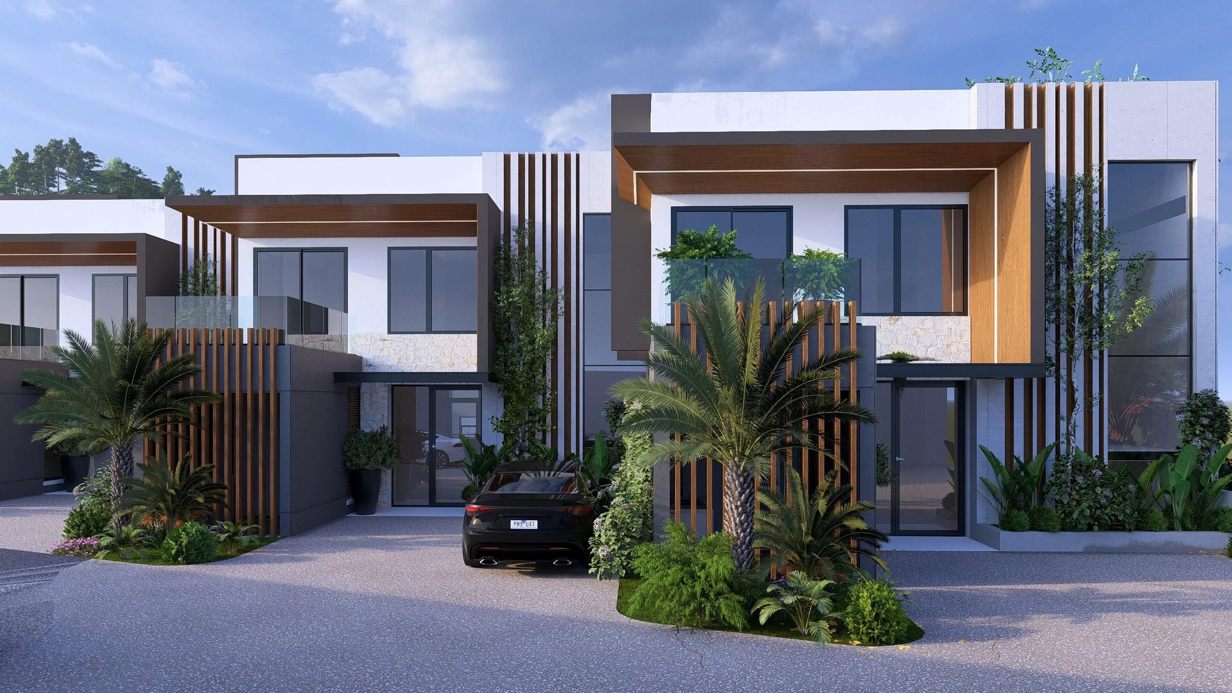Rendering of Paradise Pen, a modern multi-story residential building with large glass windows and wooden accent panels, surrounded by lush greenery and palm trees, with a black car parked in front and a partly cloudy sky above.