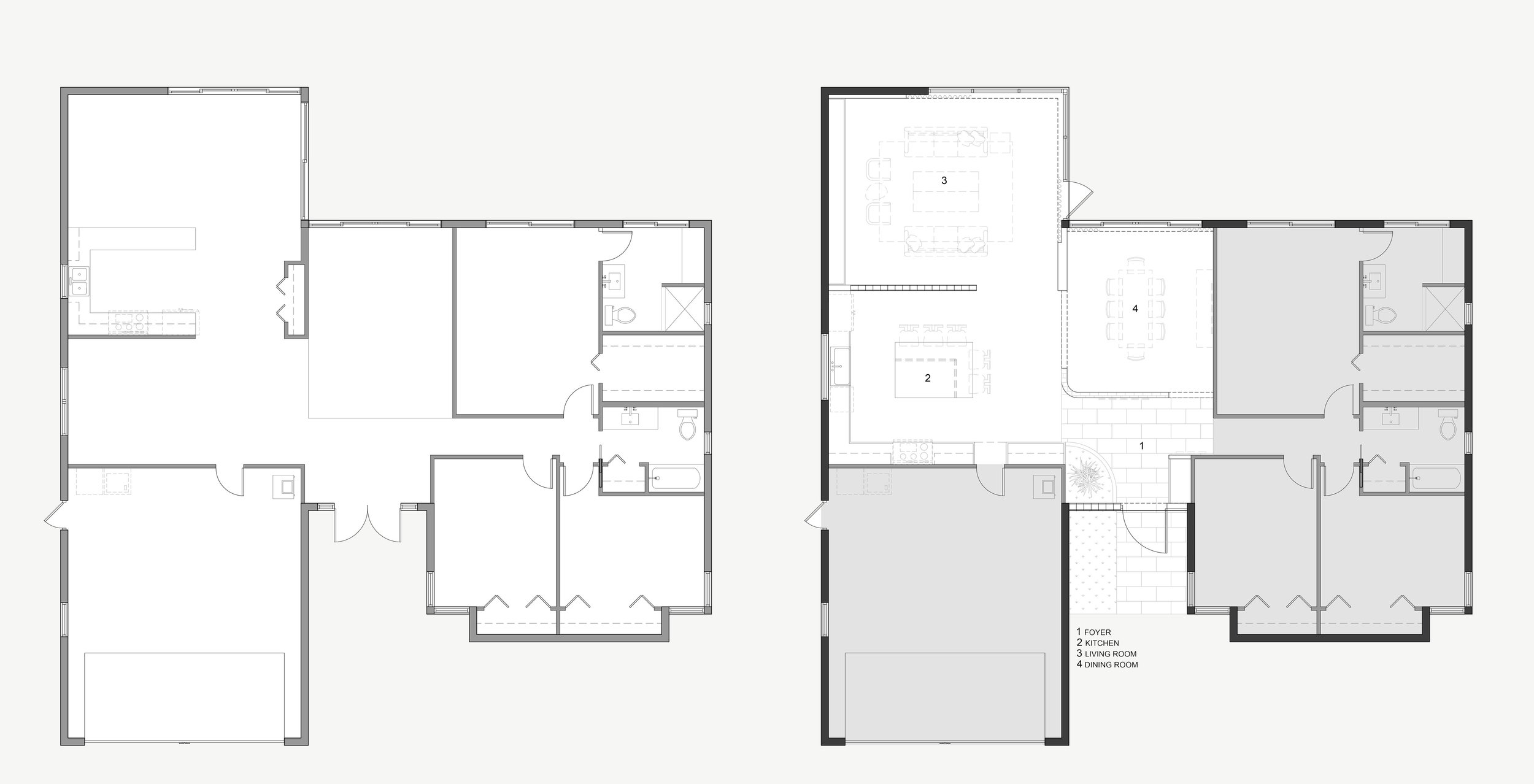 Floor plans of two levels of a house, showing rooms, walls, doors, and fixtures, with a color-coded key indicating foyer, kitchen, living room, and dining room.