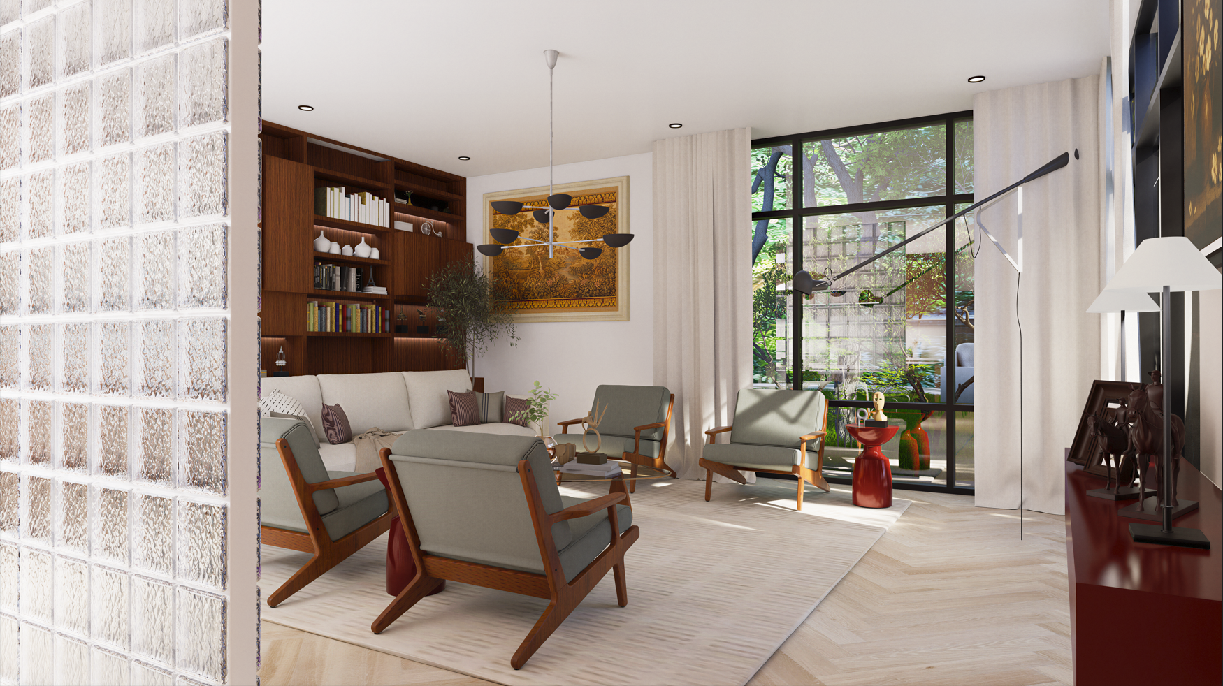 Modern living room with mid-century style furniture, wooden accents, large window with greenery outside, and decorative art and sculptures.