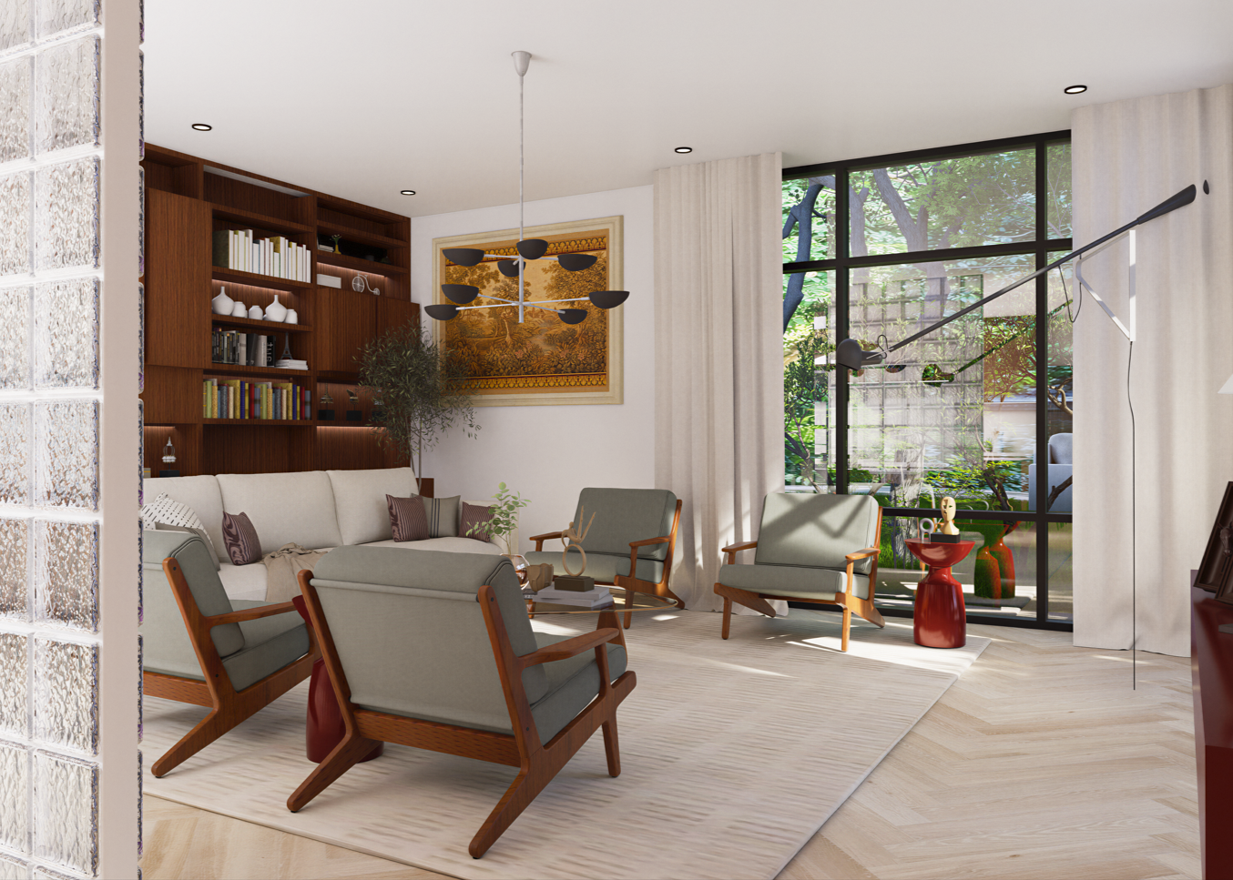 Modern living room with large window, light-colored sofa, and wooden armchairs, decorated with plants, artwork, and a chandelier.