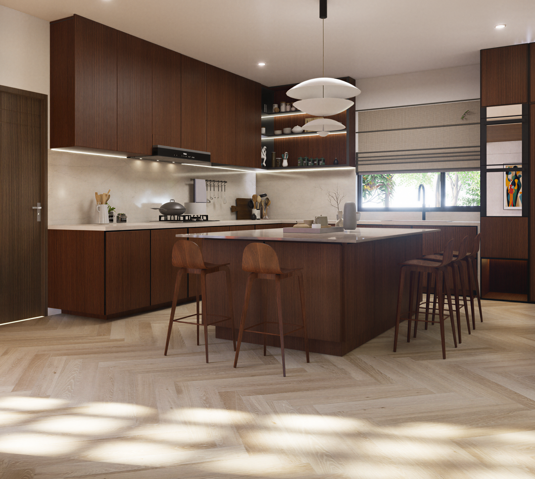 Modern kitchen with wooden cabinets, a large kitchen island, hanging pendant lights, and a window with a view of greenery.
