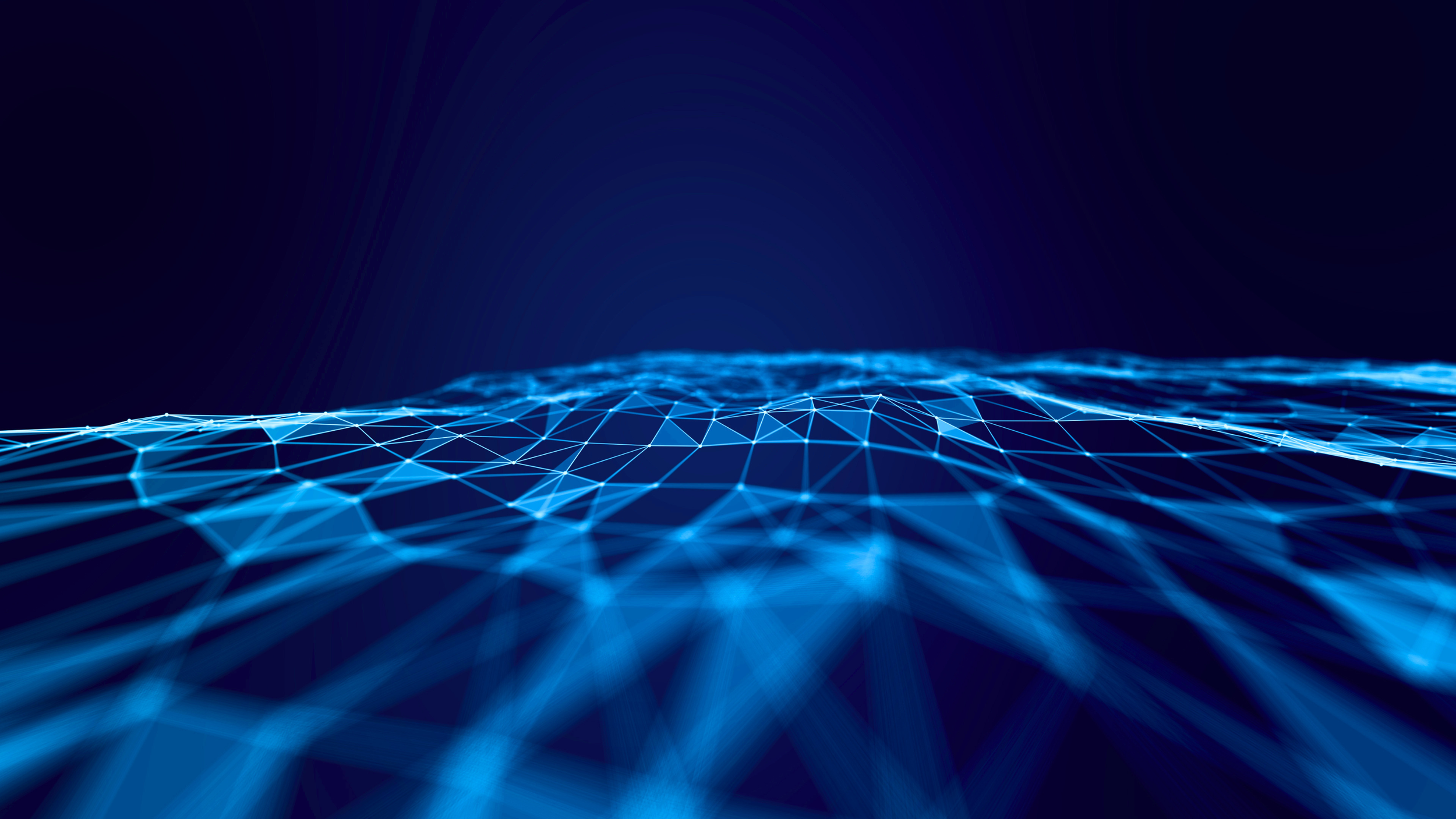 A digital abstract background featuring a blue wireframe grid on a dark gradient background.