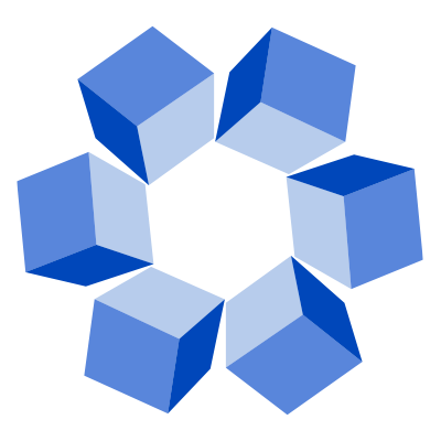 Seven blue 3D cubes arranged in a circle with open space in the center.