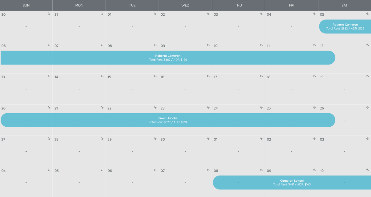 A digital calendar showing rental bookings for Roberta Cameron, Owen Jacobs, and Cameron Soltani with dates, total rent, and a description of the sequence of events.